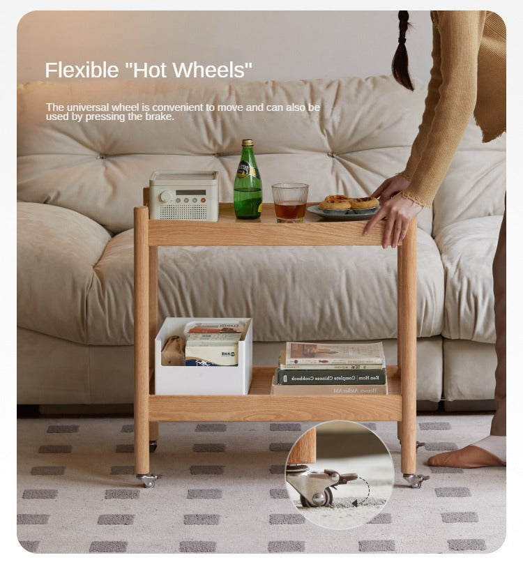 Solid Oak Wood Rolling Cart - Mobile Side Table with Wheels for Living Room, Bedroom, or Office Use