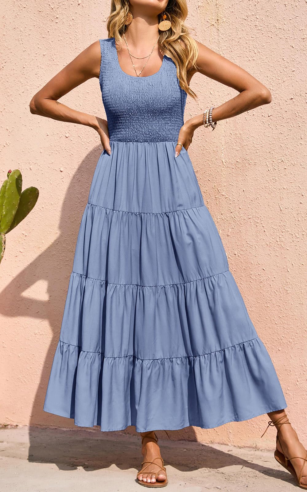 PRETTYGARDEN Women's Casual Loose Plain Maxi Sundress - Smocked Tank Summer Beach Dress with Tiered Design for 2025 | Sleeveless Long Dresses for Vacation, Pool Party, and Outdoor Activities