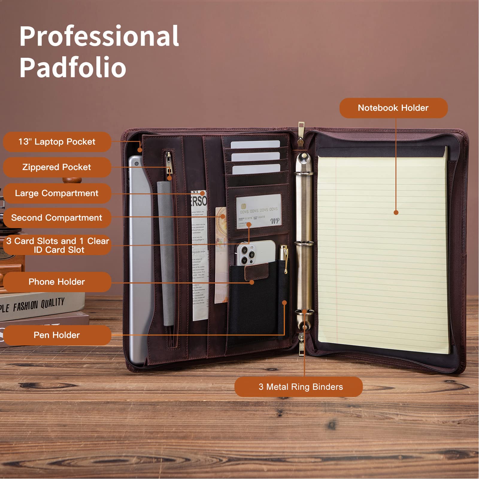 Premium Full Grain Leather Portfolio with 3-Ring Binder | Zippered A4 Notebook Holder & Laptop Sleeve | Professional Organizer for Business Meetings, Office Work & Corporate Gifts (Dark Brown) - Perfect for Executives, Students & Professionals