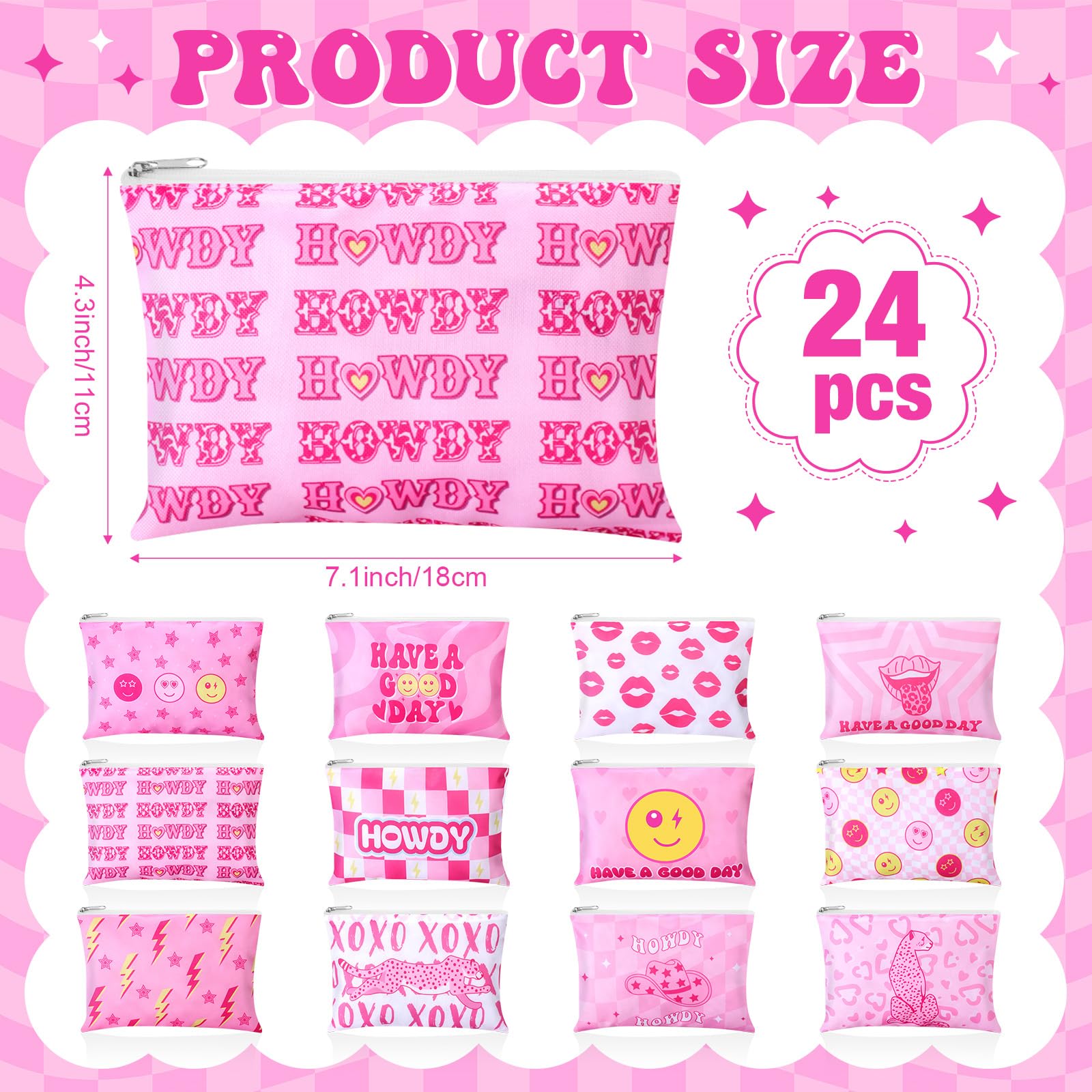 24 Pcs Pink Preppy Cosmetic Bags with Zipper - Cute Makeup Pouches for Women, Travel Toiletry Organizer, Bulk Party Supplies - Perfect for Birthday Gifts, Preppy Parties & Travel Essentials