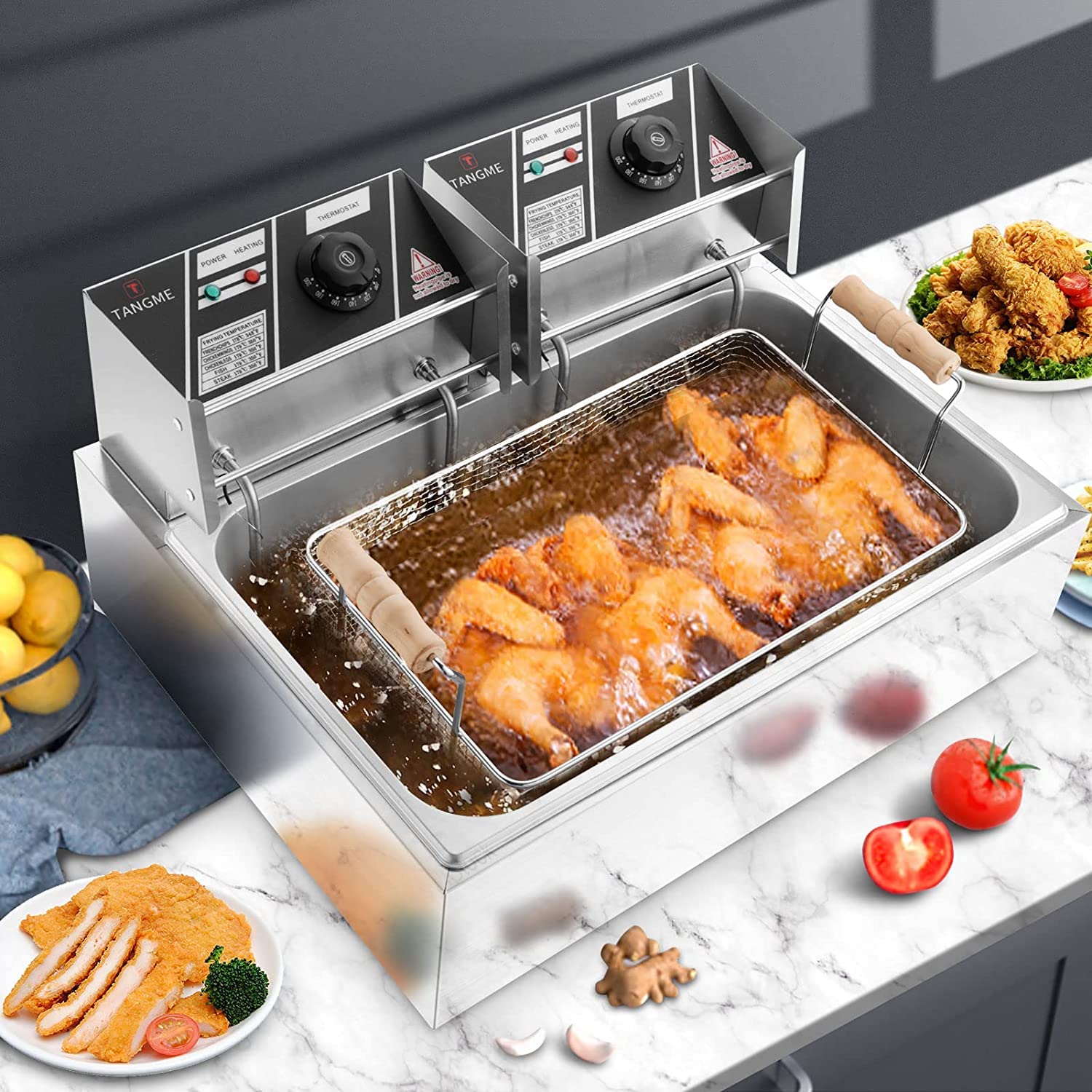 Commercial Deep Fryer 3400W Electric Countertop Fryer with 3 Baskets - 22L/23.25Qt Stainless Steel Restaurant Fryer with Temperature Limiter & UL Certification - Perfect for Fast Food, Chicken Wings, French Fries & Donuts