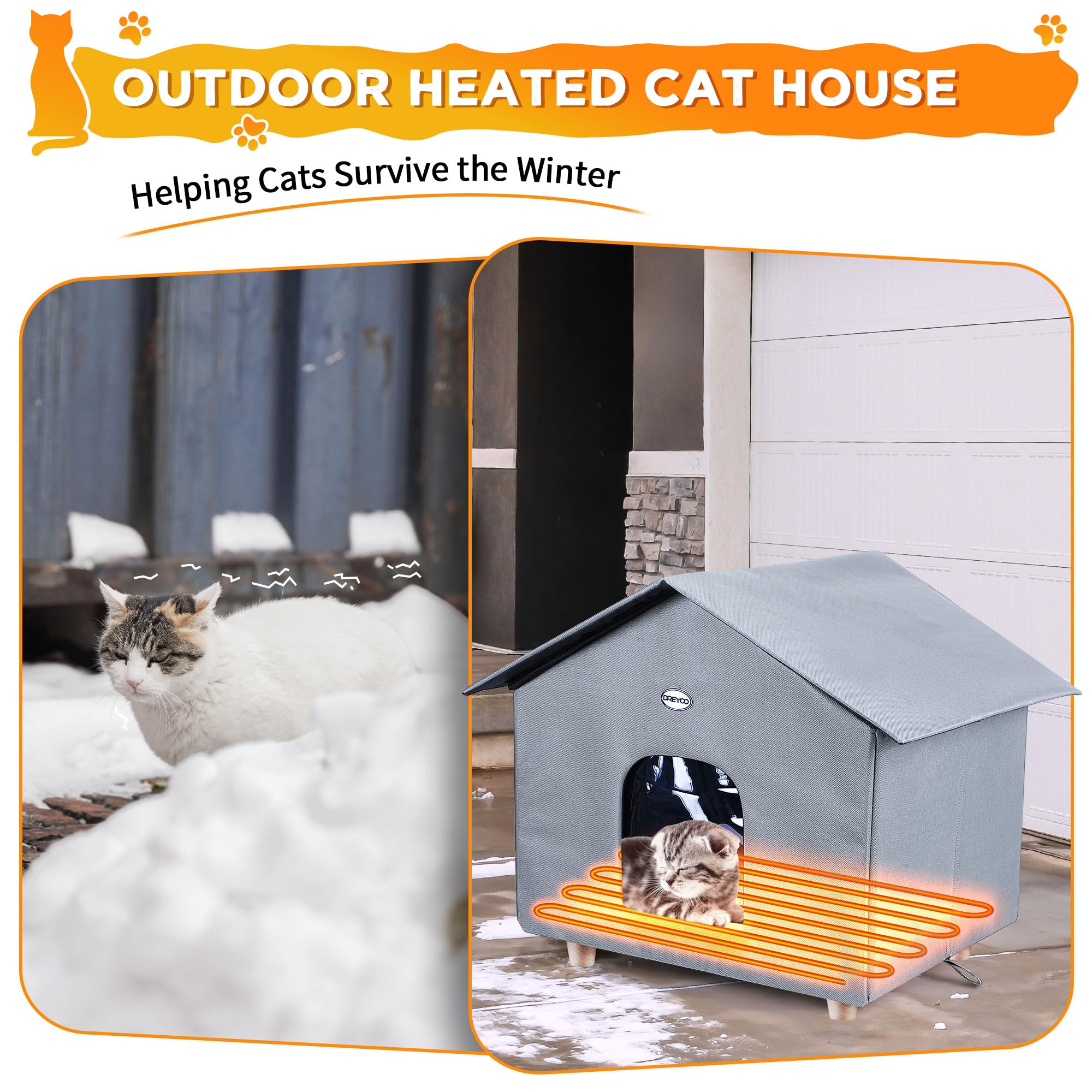 Dreyoo Large Heated Outdoor Cat House - Weatherproof Insulated Shelter with Heating Pad & Dual Doors, Foldable Winter Cat Shelter for Feral & Stray Cats (18x19x16 Inches) - Perfect for Cold Weather, Garages & Backyards