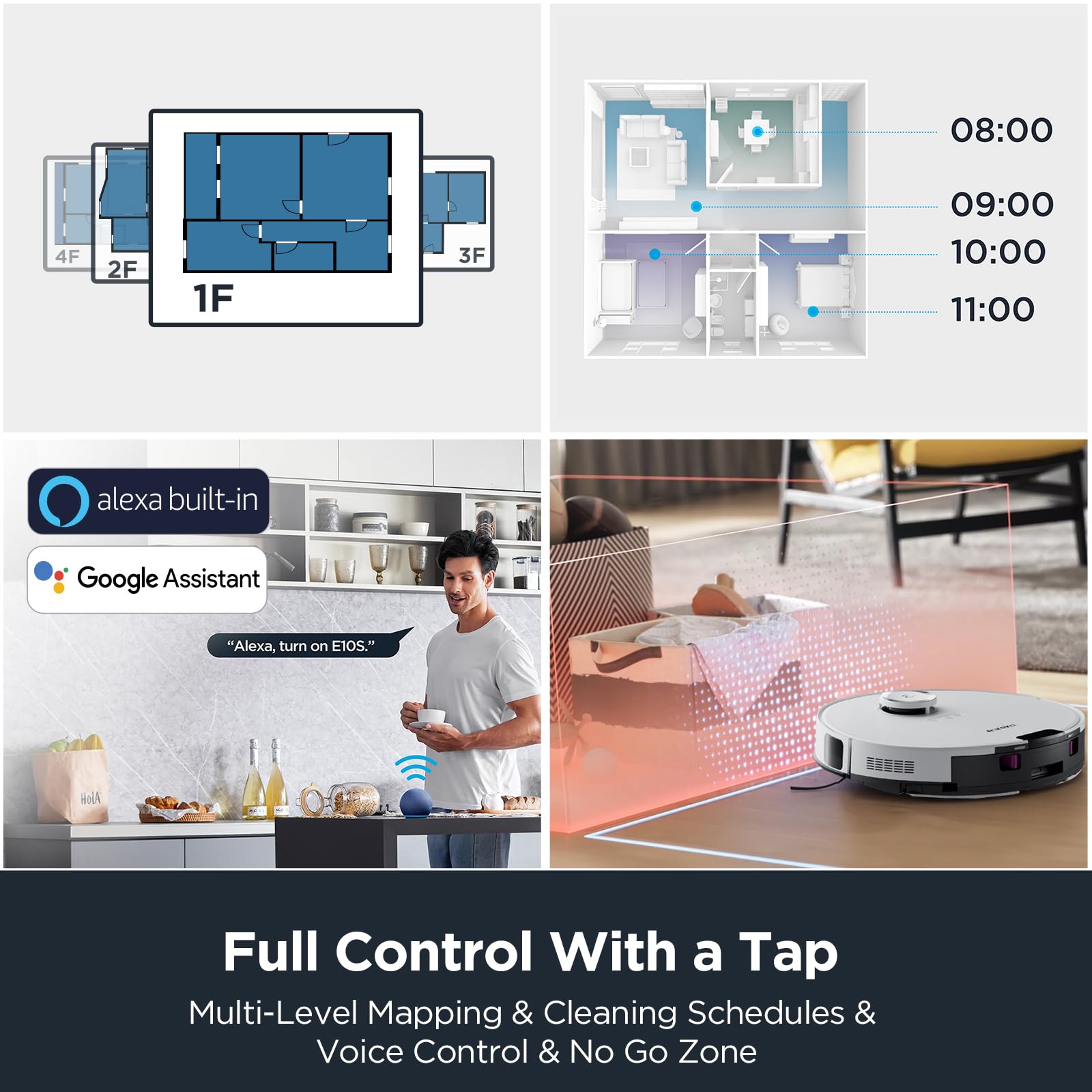 Eureka E10s Robot Vacuum and Mop Combo with Self-Emptying Station - 4000Pa Strong Suction for Pet Hair, Carpets & Hard Floors - 45-Day Capacity, Bagless Design, Auto-Lifting Mop, WiFi App Control (White) - Perfect for Smart Homes with Pets and Multi-Surface Cleaning