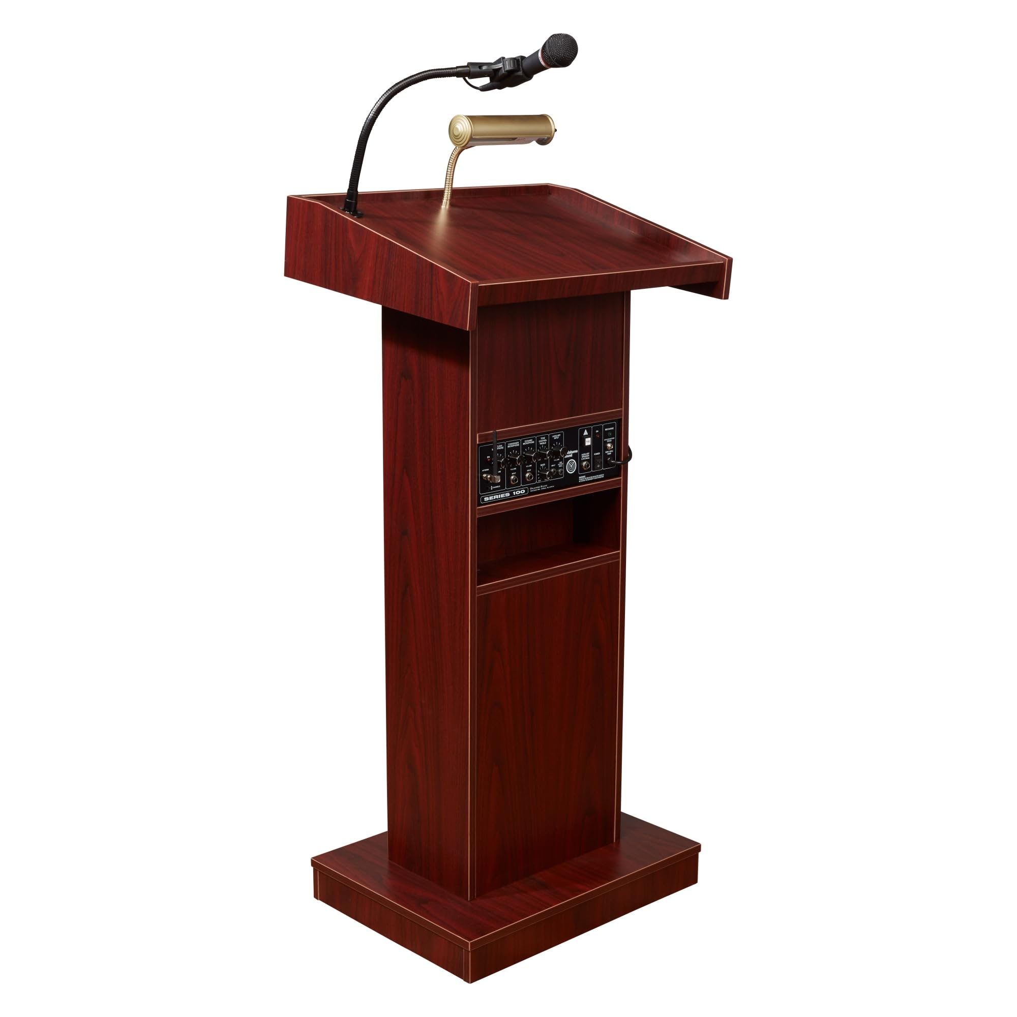 Oklahoma Sound 800X-7 Orator Lectern & Headset Microphone with Mahogany Finish - Perfect for Public Speaking, Church Sermons, and Conference Presentations