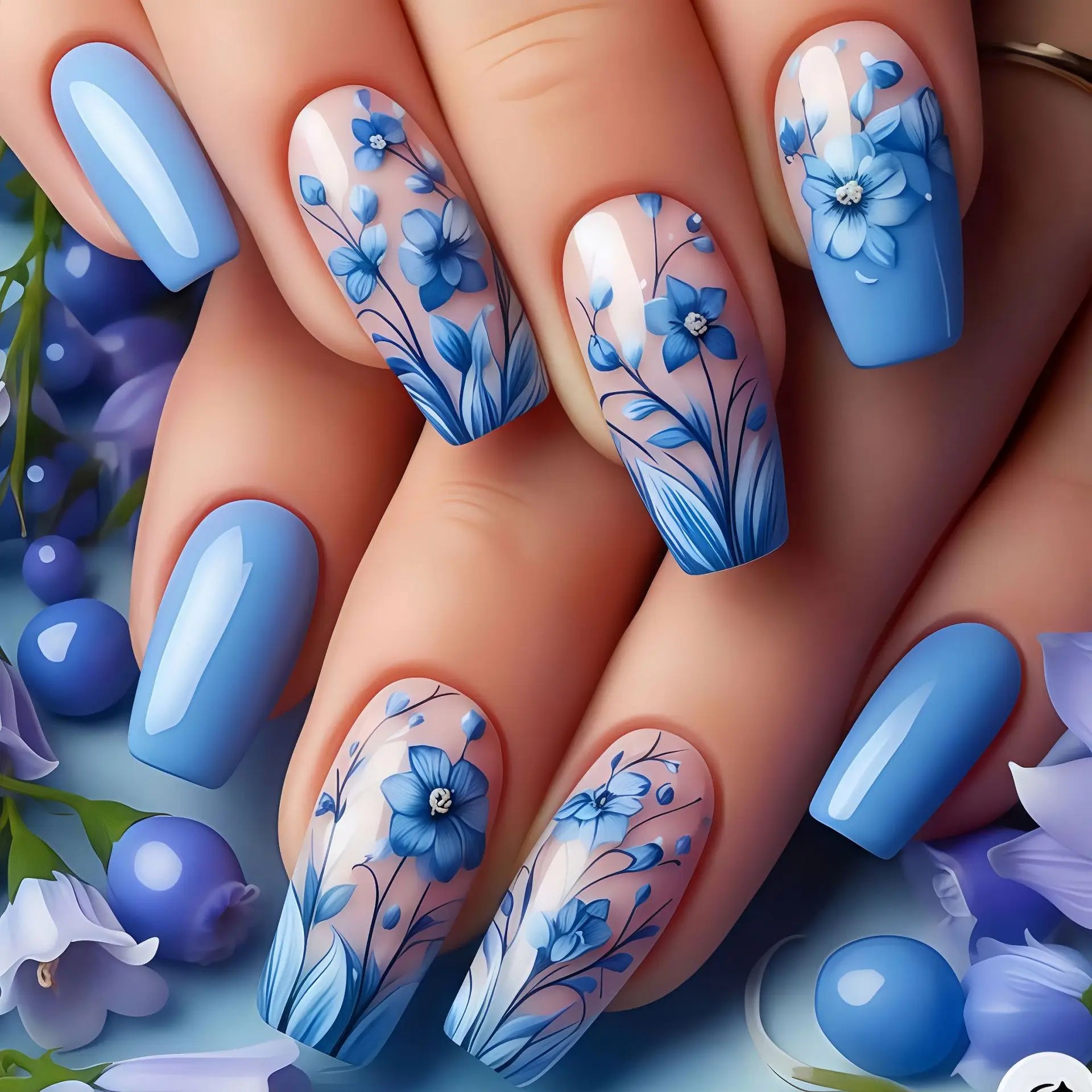 24Pcs Medium Length Press on False Nails - Ballet Blue Floral Design Fake Nails Set, Detachable Artificial Nails for Spring Summer Manicure | Perfect for Parties, Weddings, Date Nights & Special Occasions