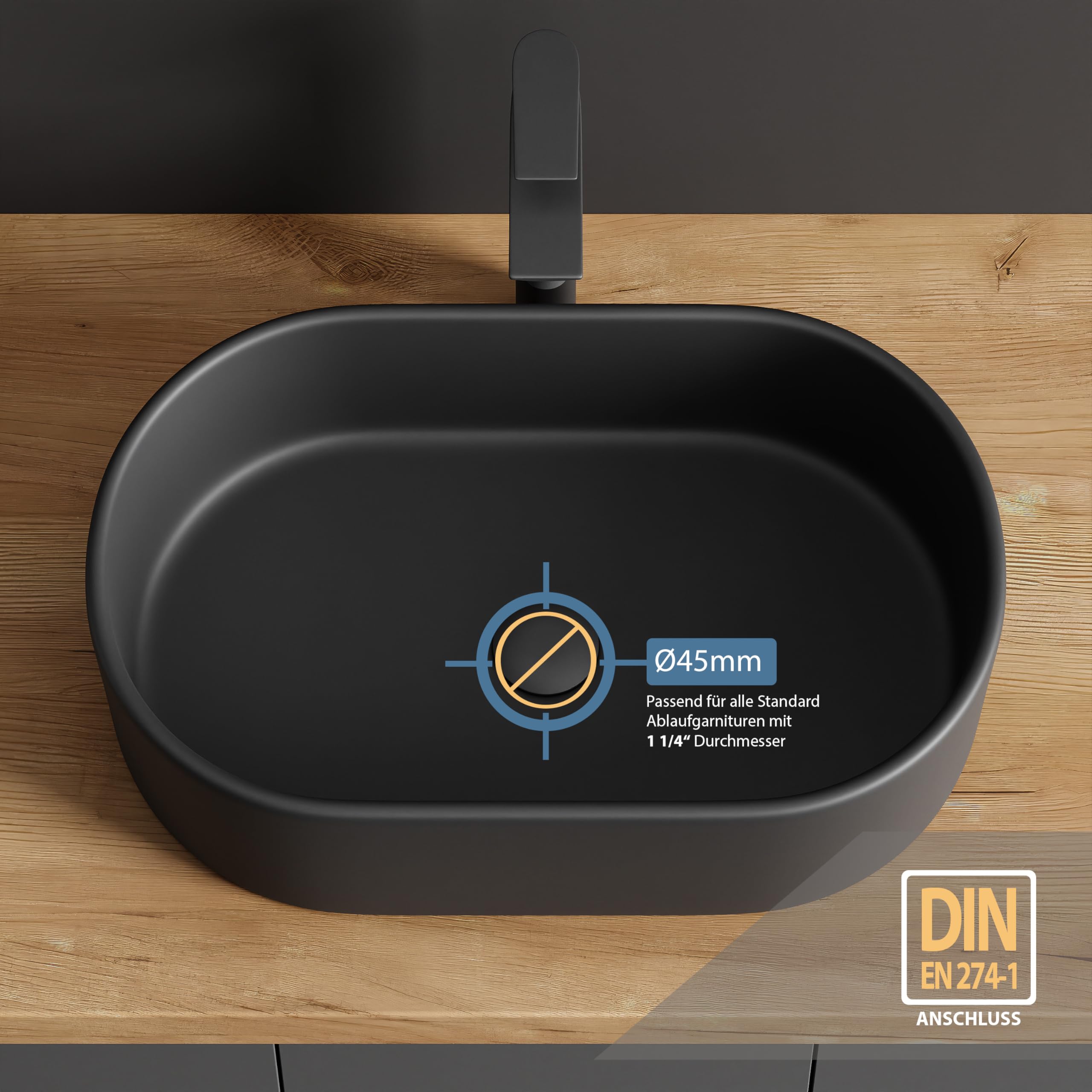 Planetmöbel Aquil Elegant Oval Bathroom Sink | Modern Countertop Wash Basin for Bathroom & Powder Room | No Tap Hole & Overflow | Black Ceramic Vessel Sink, 21.7