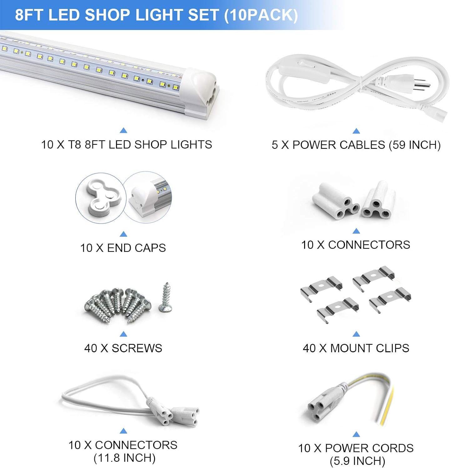 10-Pack 8ft LED Shop Light Fixtures - 90W T8 Integrated LED Tube Lights - 6500K 12000LM Bright White - V-Shape Linkable Design - High Output Clear Cover - Plug and Play Installation - 270° Wide Lighting for Garage, Workshop, Warehouse & Industrial Spaces