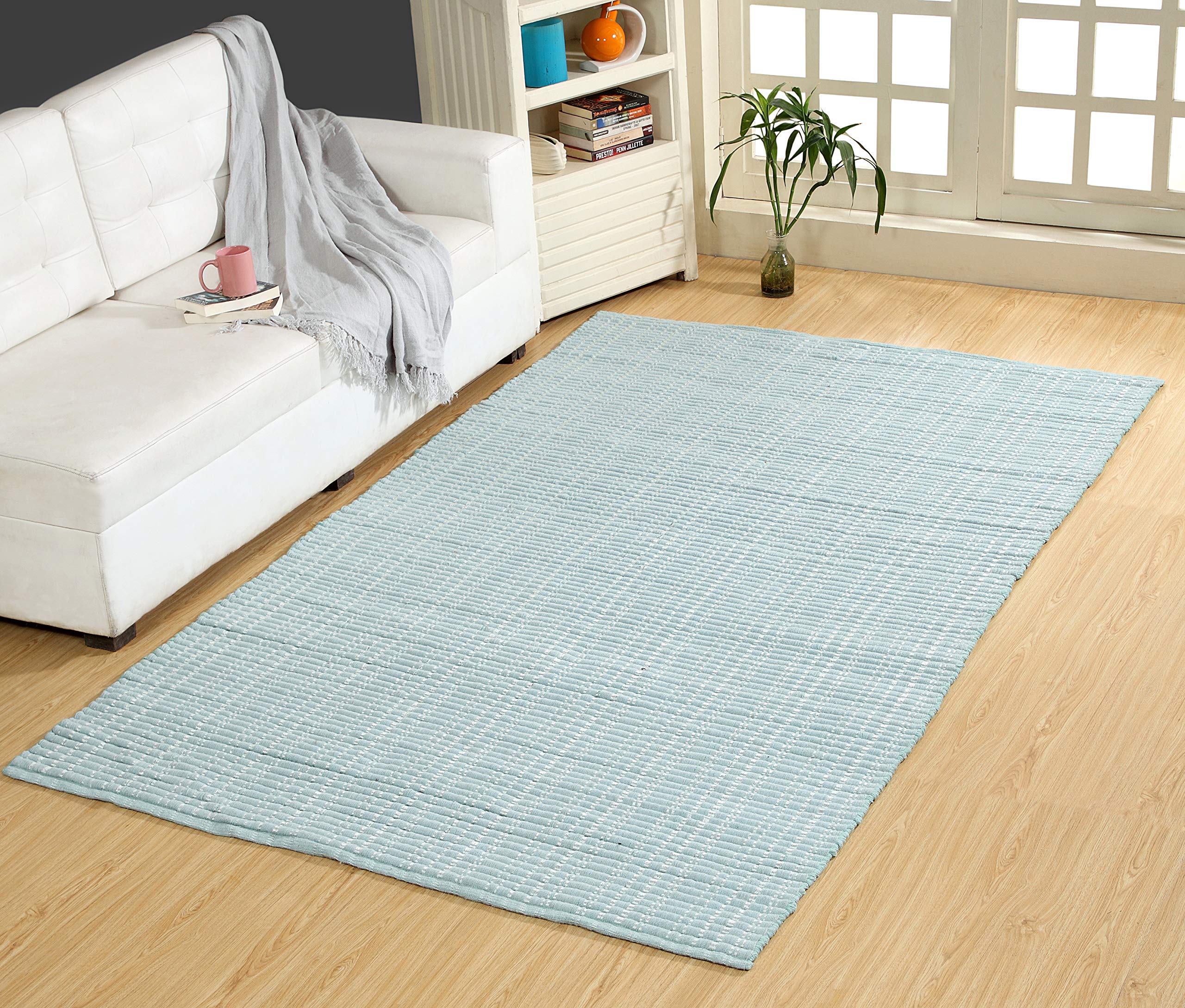 Premium Woolen Silk Ribbed Living Room Rug - Machine Washable, Non-Slip 5' x 8' Aqua Area Carpet for Home Decor | Soft Foldable Indoor Floor Mat for Living Room, Bedroom & Kitchen Runner | Easy to Clean & Durable for High-Traffic Areas