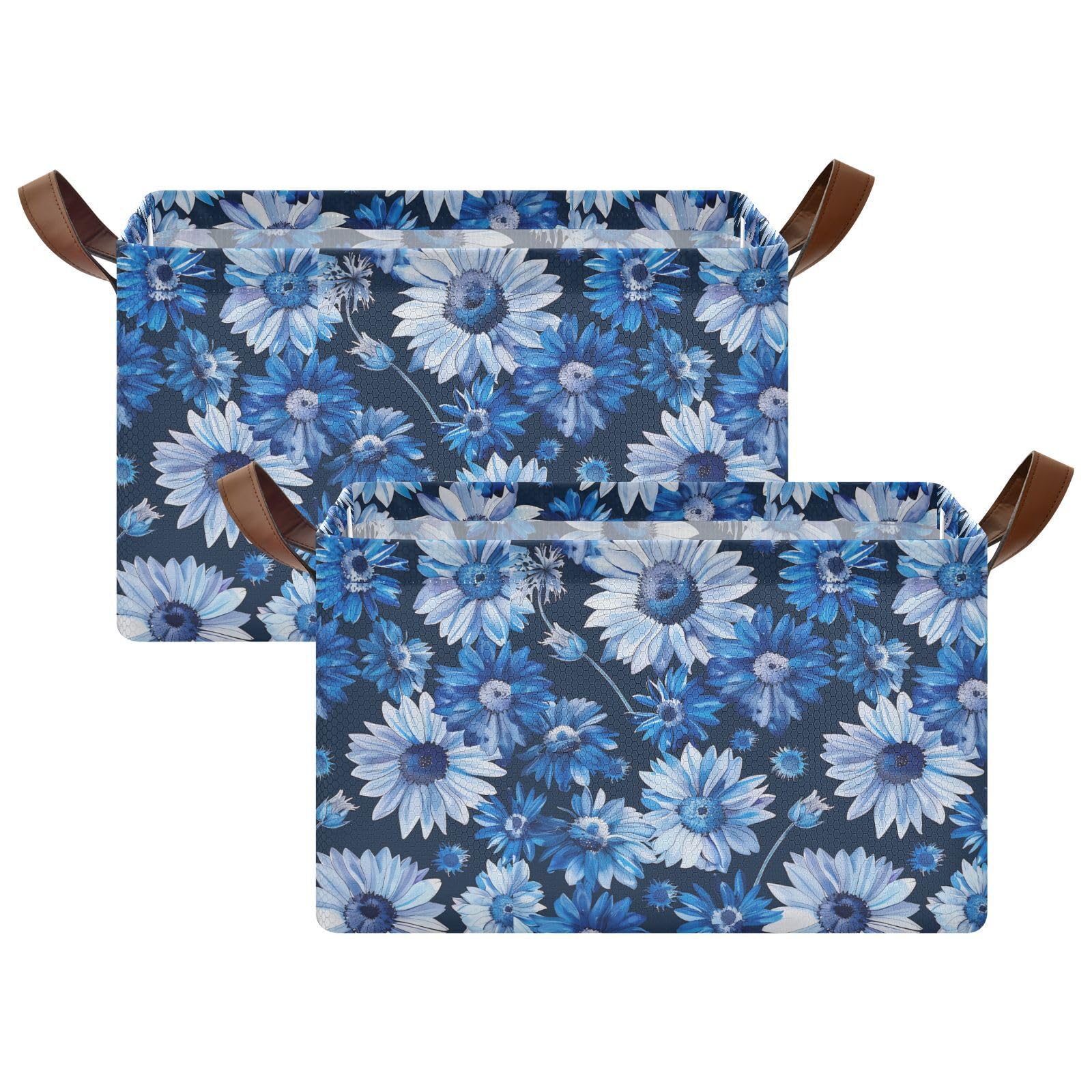 Handmade Daisy Flower Blue Storage Basket with Handles - Decorative Organizer Bin for Clothes, Jeans, Books | Perfect for Home, Office & Closet Organization | Ideal for Bedroom, Nursery & Laundry Room Storage