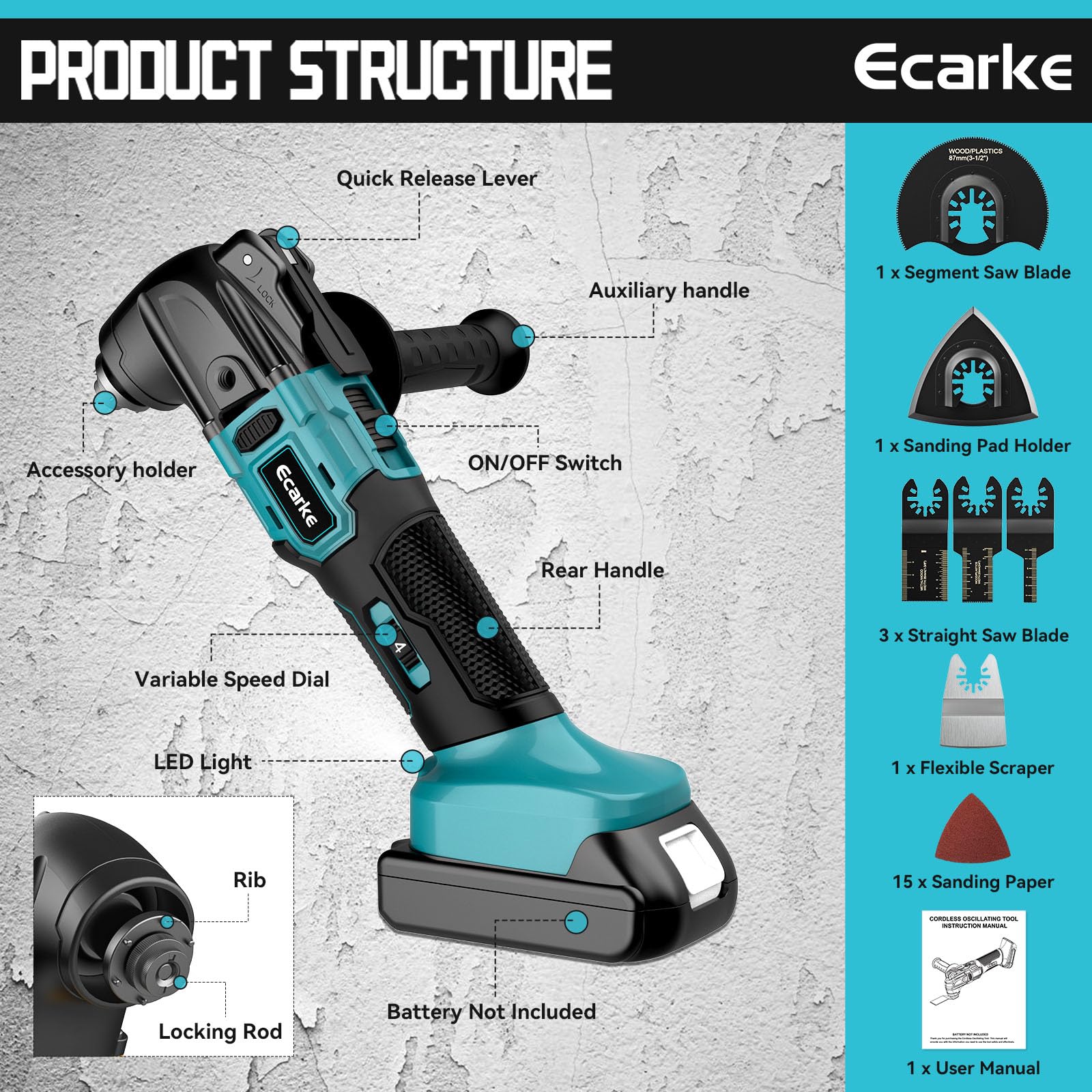Ecarke 18V Li-Ion Brushless Multi-Function Power Tool for Makita Battery - 6 Adjustable Speed Oscillating Multi-Tool for Cutting, Scraping, Sanding with 23 Accessories (Battery Not Included) - Perfect for DIY Projects, Home Renovation & Woodworking