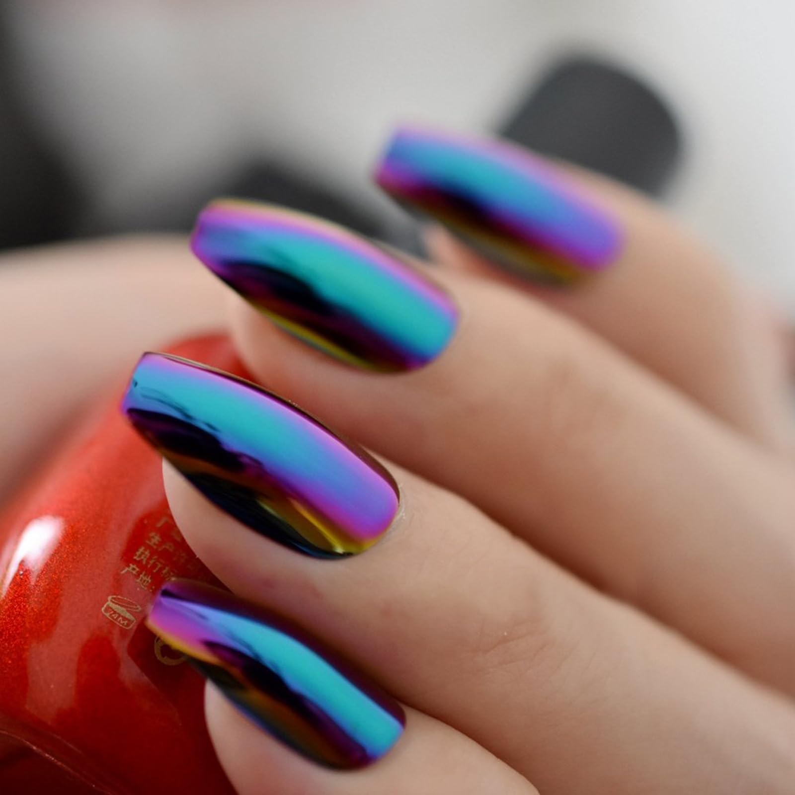 Premium Holographic Blue Purple Coffin Fake Nails - Mirror Chrome Square Press-On Nails for Women - Long-Lasting High-Quality Acrylic Nail Tips (Z905) - Perfect for Parties, Weddings, and Special Occasions