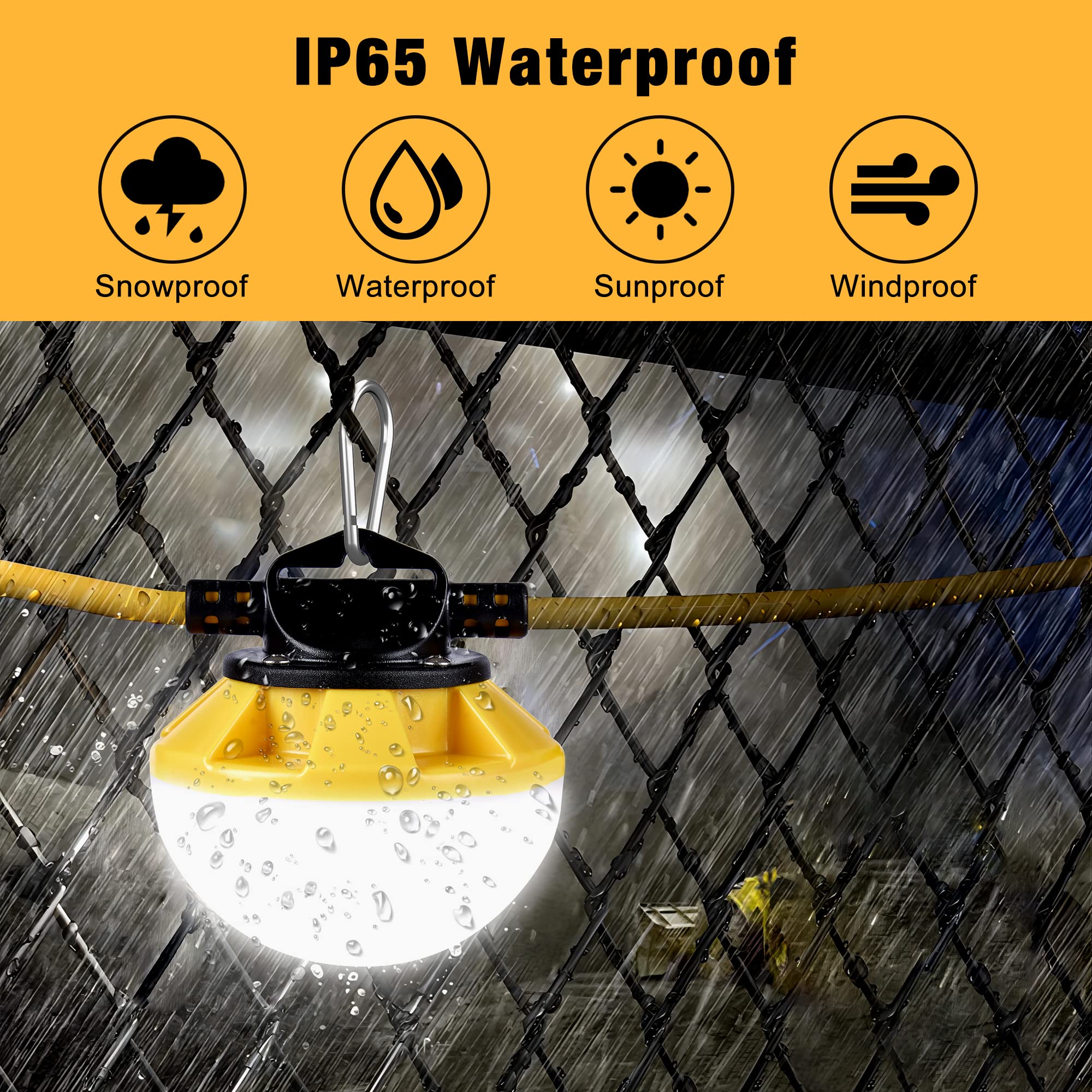 100FT LED Construction String Lights - IP65 Waterproof, ETL Certified 5000K Daylight Work Lights with 18AWG Wire - Linkable Temporary Lighting for Jobsite (10 Bulbs & Hooks Included) - Perfect for Construction Sites, Outdoor Events, Backyard Parties and Emergency Lighting