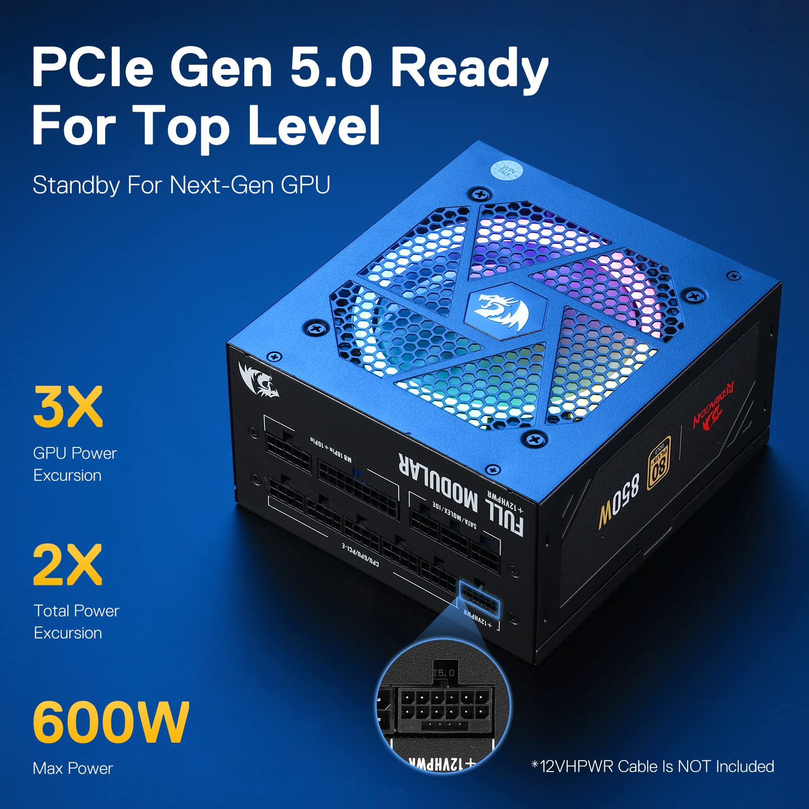 Redragon RGPS-850W 80+ Gold Certified 850W Fully Modular ATX 3.0 Power Supply with PCIe 5.0 Support, Compact 160mm Design, Smart ECO Low Noise RGB Fan, 100% Japanese Capacitors - Perfect for Gaming PCs, Workstations & High-Performance Builds