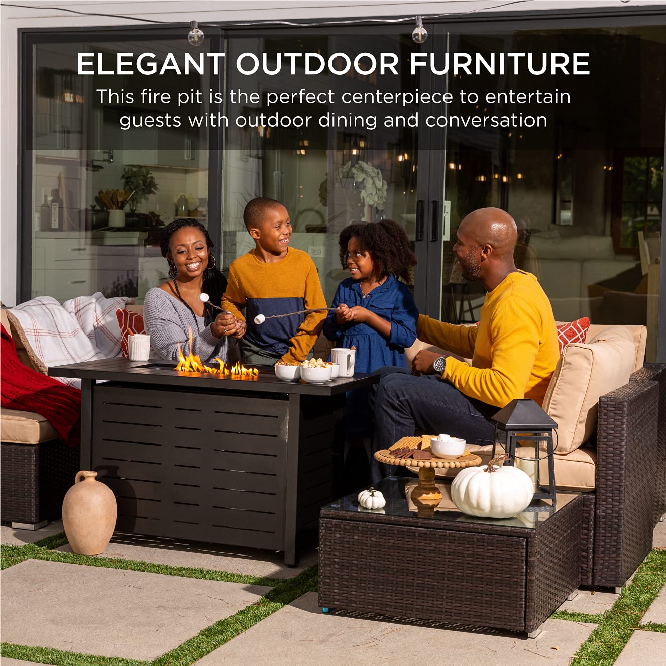 Best Choice Products 42-inch 50,000 BTU Rectangular Steel Propane Fire Pit Table for Outdoor Patio - Includes Burner Lid, Auto Ignition, Hideaway Tank Storage, Cover & Glass Beads (Dark Brown) - Perfect for Backyard Gatherings, Camping & Cozy Evenings
