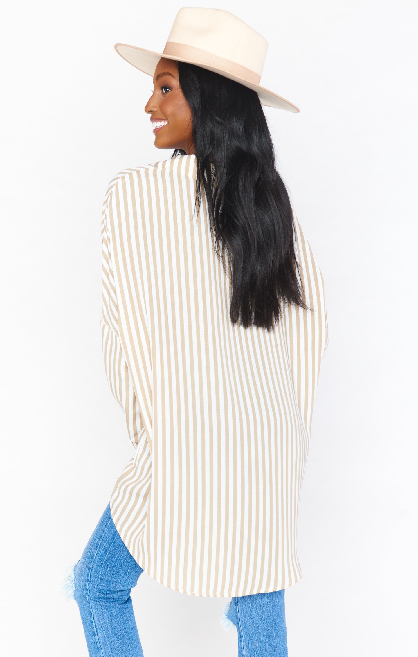 Lorolie Women's Beige Striped Tunic Top - Casual Everyday Wear for Work, Office & Outings