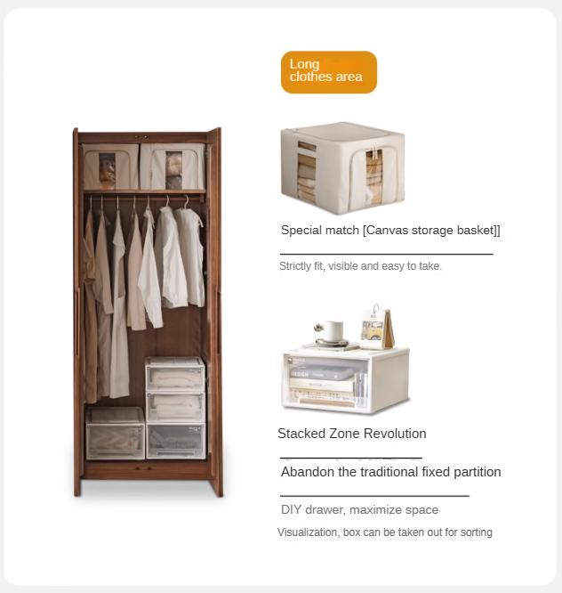 Premium Black Walnut Solid Wood Wardrobe - Double Door Closet with Mirror | Spacious Storage for Bedroom, Walk-in Closet & Guest Room Organization
