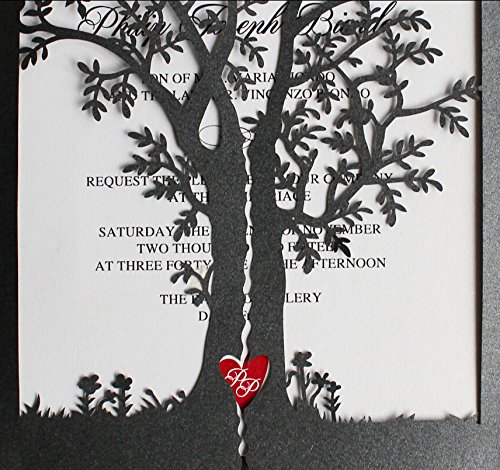 Elegant Black Wedding Invitation Cards with Tree & Red Heart Design - Set of 30 - Perfect for Formal Weddings, Anniversaries & Special Events