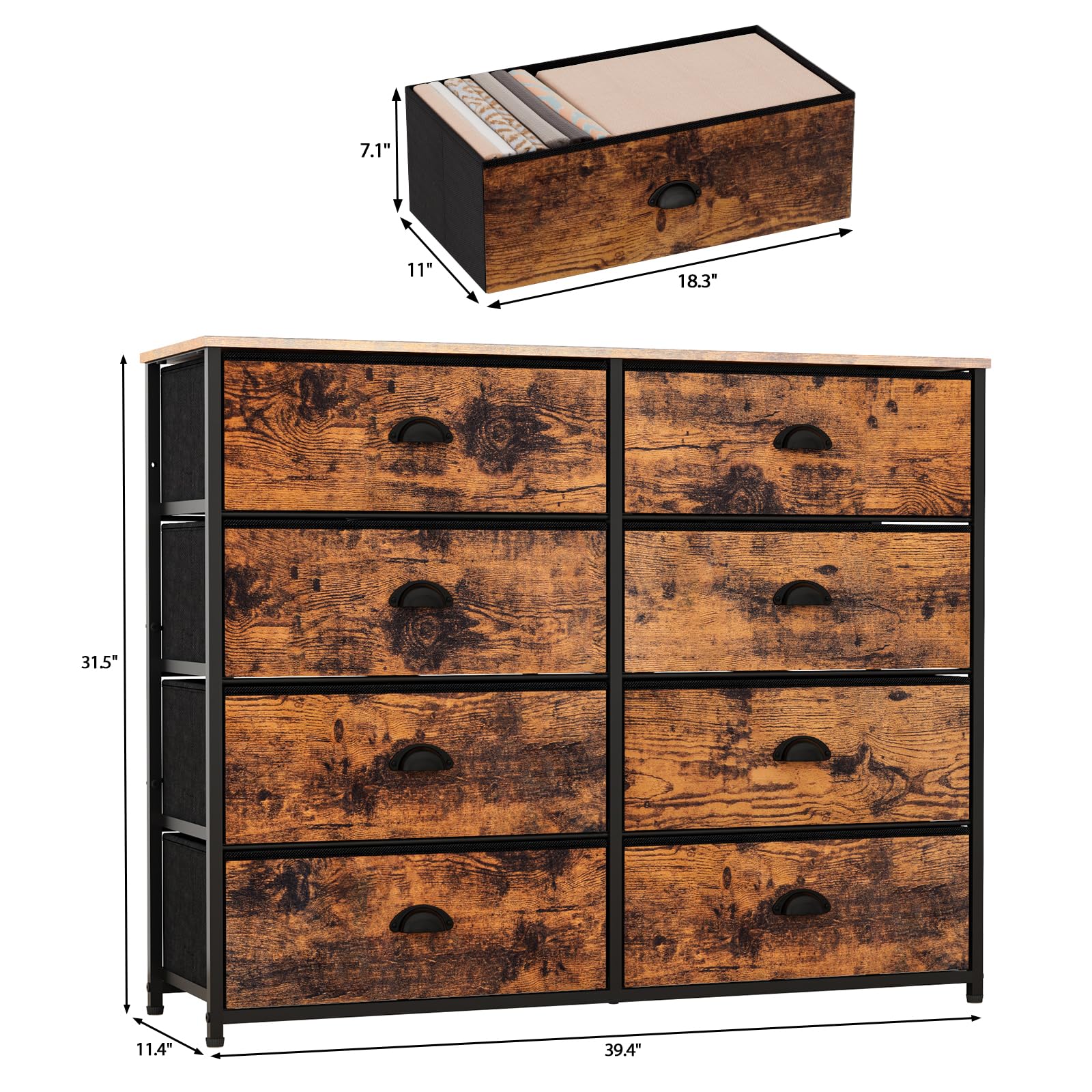 Industrial Rustic Brown Fabric Dresser with 8 Large Drawers & Wood Top - Sturdy Metal Frame Wide Console Table for 50
