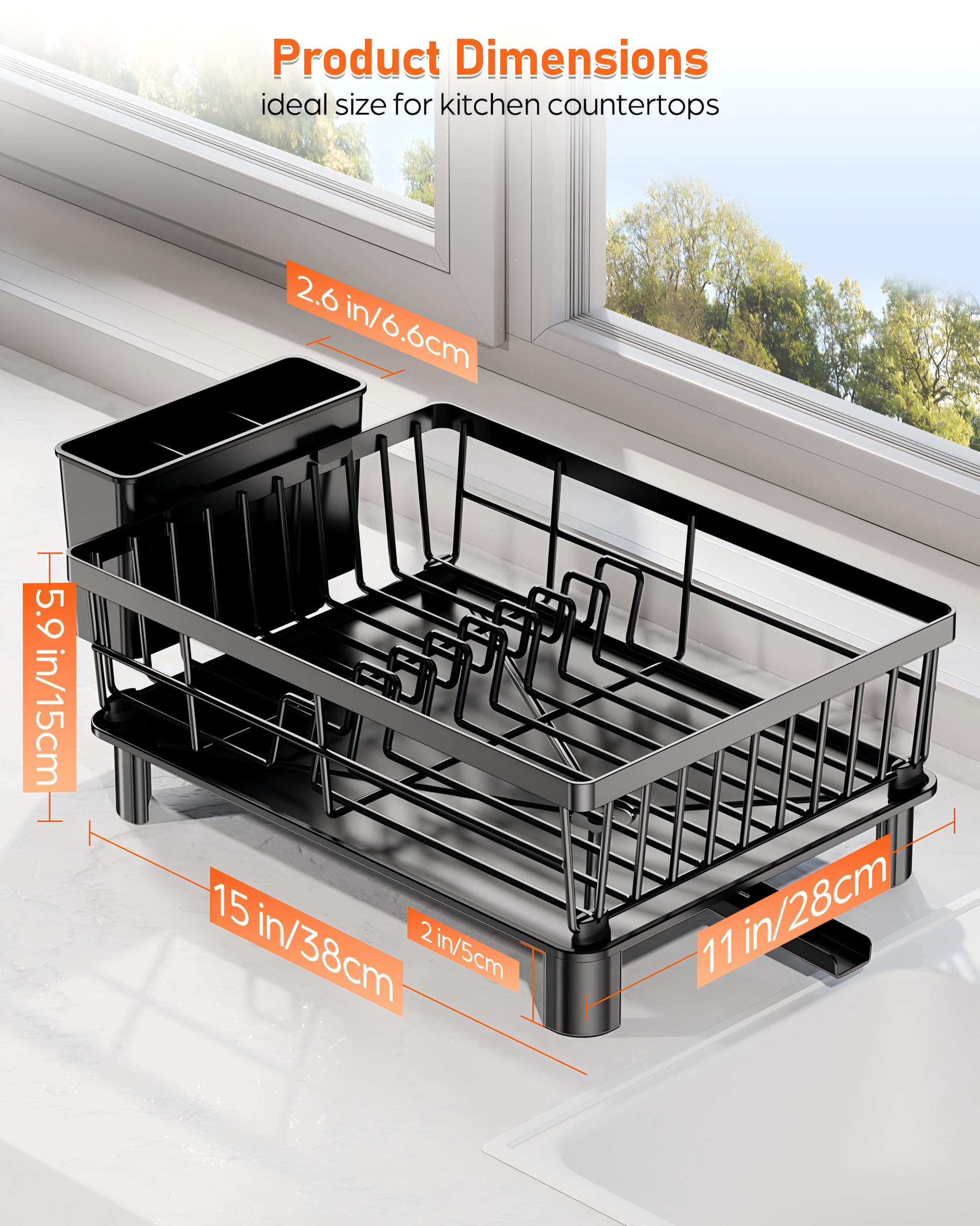 Stainless Steel Dish Drying Rack with Drainboard - Detachable Kitchen Counter Organizer with Utensil Holder - Space Saving Dish Drainer Shelf for Dishes, Cups & Cutlery - Perfect for Small Kitchens & Apartments (Black)