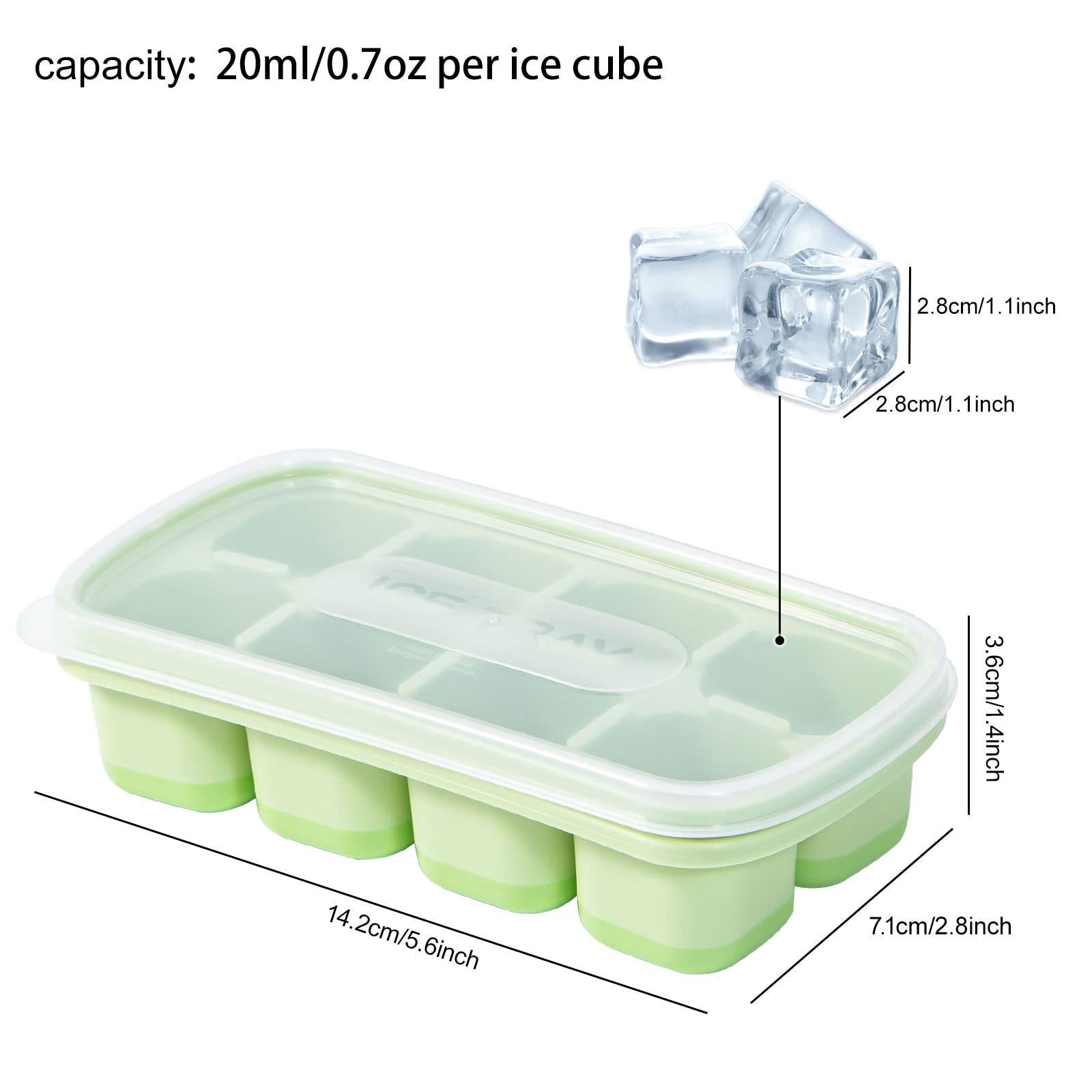 Yeeco 4-Pack Mini Silicone Ice Cube Trays with Lid - 5.6”×2.8”×1.4” Small Ice Cube Molds (8 Cubes Each) - Easy Release for Mini Fridge, Cocktails, Whiskey & Beverages - Perfect for Home Bars, Parties & Office Use (Green)