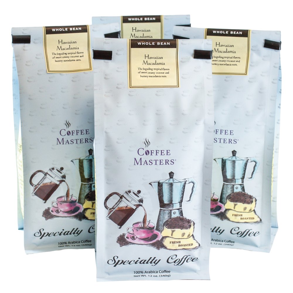 Premium Hawaiian Macadamia Flavored Whole Bean Coffee - 12-Ounce Bags (Pack of 4) | Rich & Nutty Aroma | Perfect for Morning Brew, Office Break & Gift Giving
