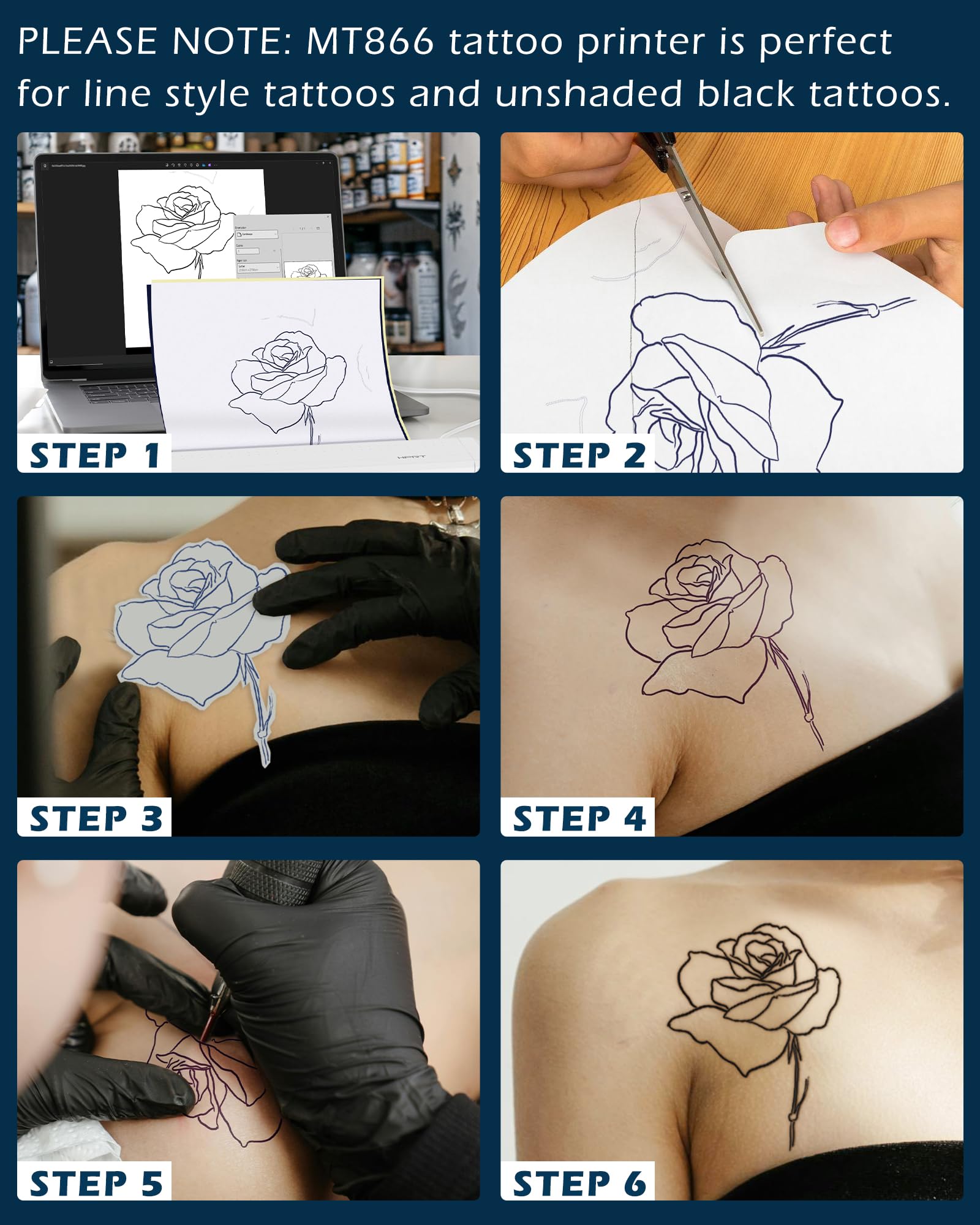 HPRT MT866 Wireless Bluetooth Thermal Tattoo Stencil Printer Kit - Compatible with iPhone, Android, iPad, Windows & Mac - Professional Tattoo Transfer Machine with 10 Sheets Thermal Paper - Perfect for Tattoo Artists, Beginners & Home Studios