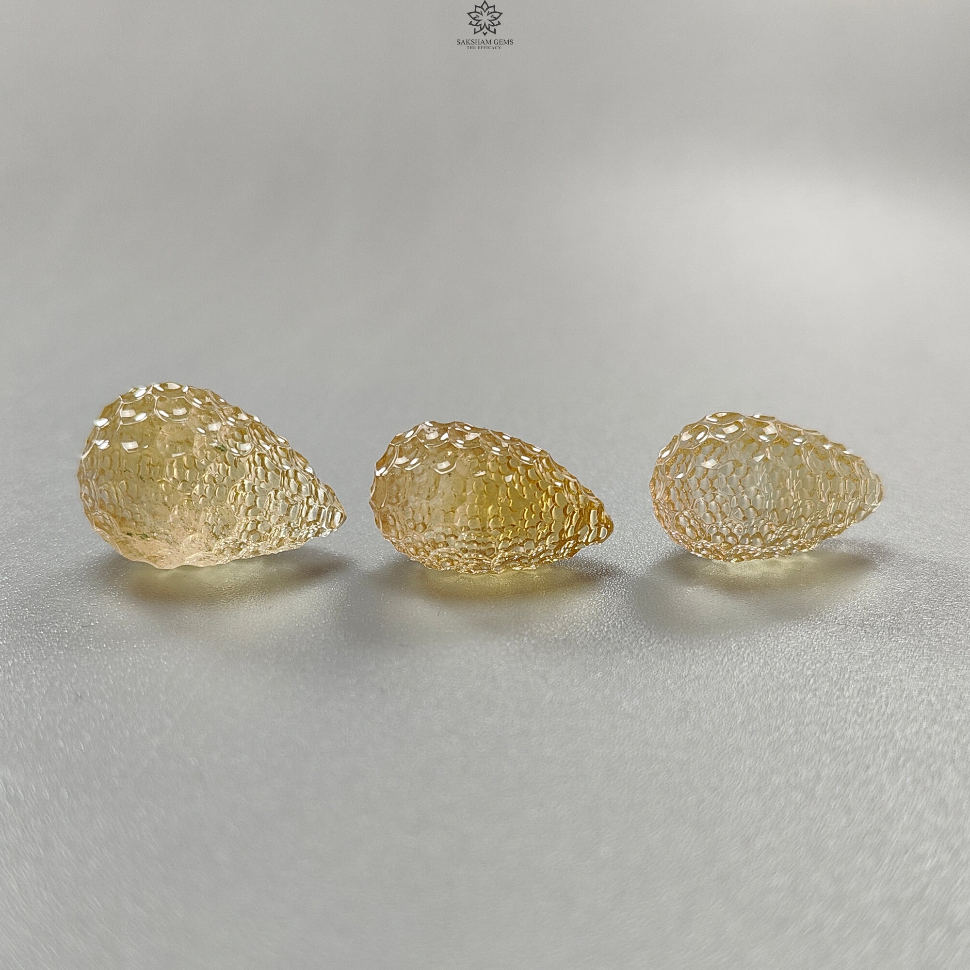 Natural Untreated Yellow Citrine Gemstone Carving - 64.60cts Hand Carved Teardrop Shape (21mm-22mm) 3-Piece Set | November Birthstone Jewelry Making Supplies | Perfect for Necklace Pendants, Earrings & DIY Craft Projects