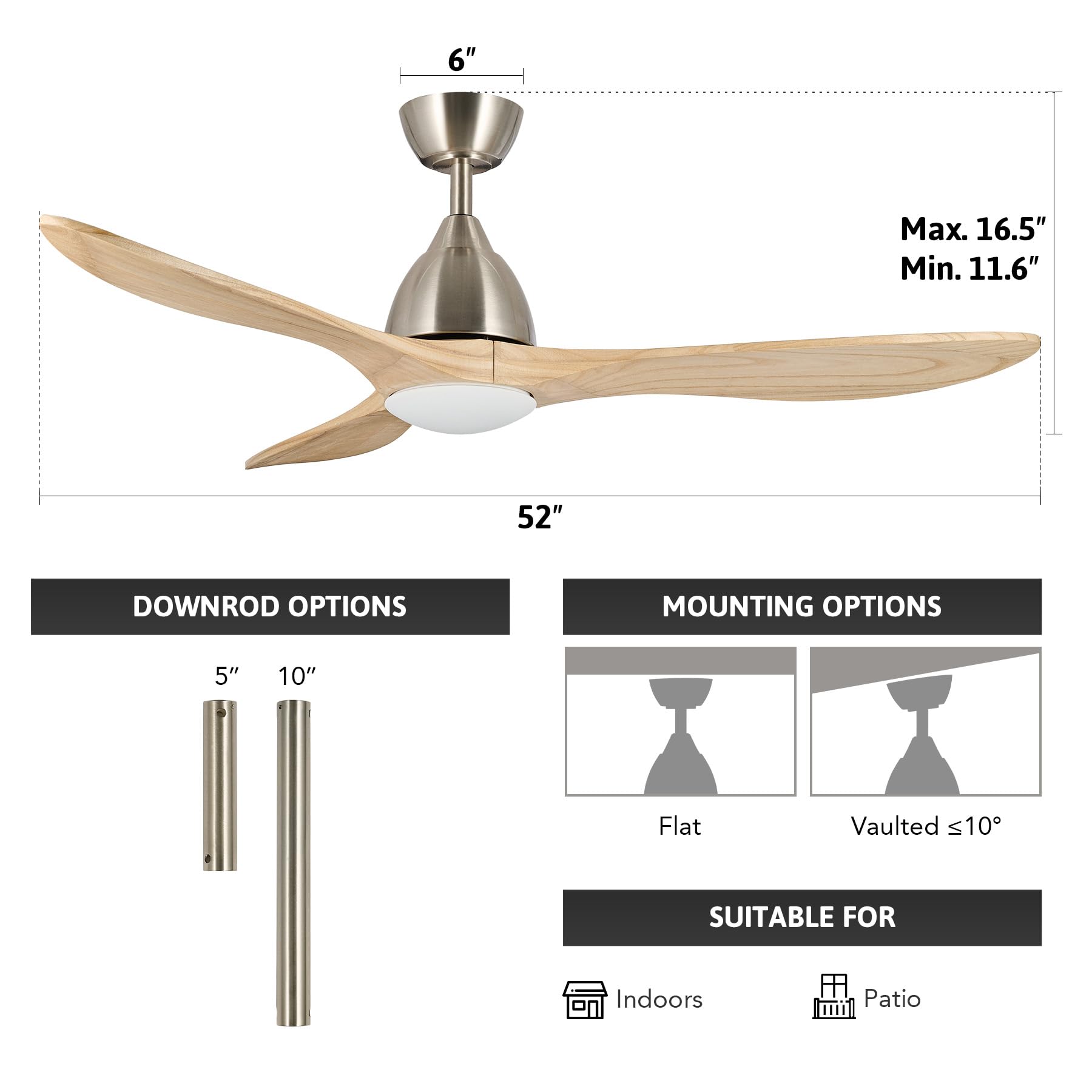 VONLUCE 52 Inch Smart Ceiling Fan with Light - Remote/APP/Alexa Control, 3 Blades, 6 Speeds, Quiet Reversible DC Motor, Wood Finish - Perfect for Bedroom, Living Room & Farmhouse (Nickel)