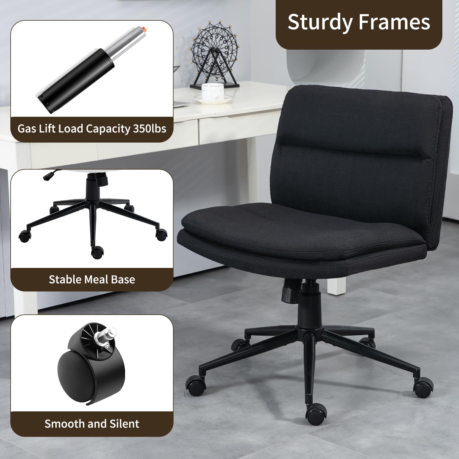 Armless Wide Office Desk Chair with Wheels - Modern Fabric Swivel Task Chair, Adjustable Ergonomic Computer Chair for Home & Office - Perfect for Workstations, Gaming, and Cross-Legged Sitting (Black)