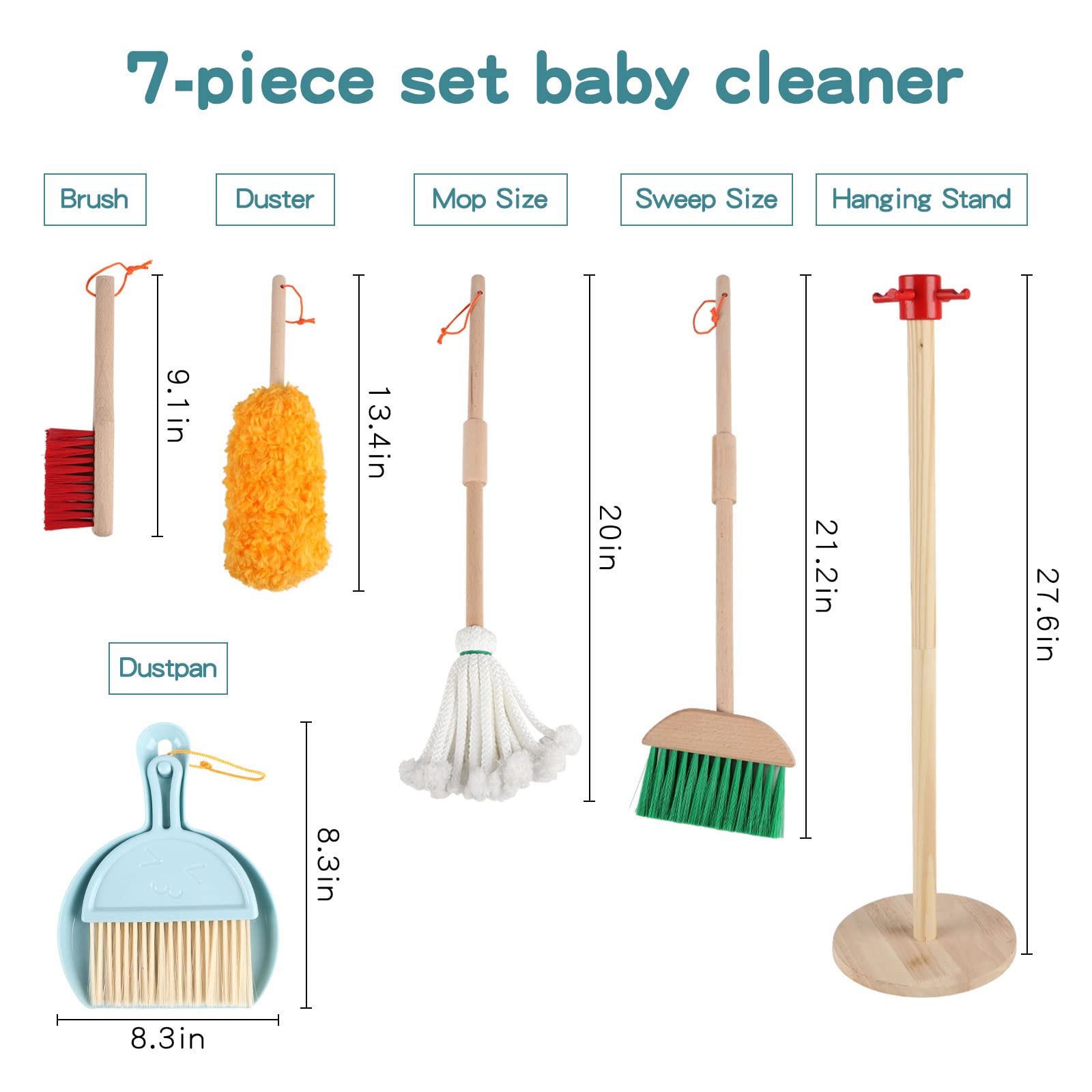 Qilay 7-Piece Kids Cleaning Set - Wooden Broom, Dustpan & Brush for Toddler Pretend Play & Housekeeping