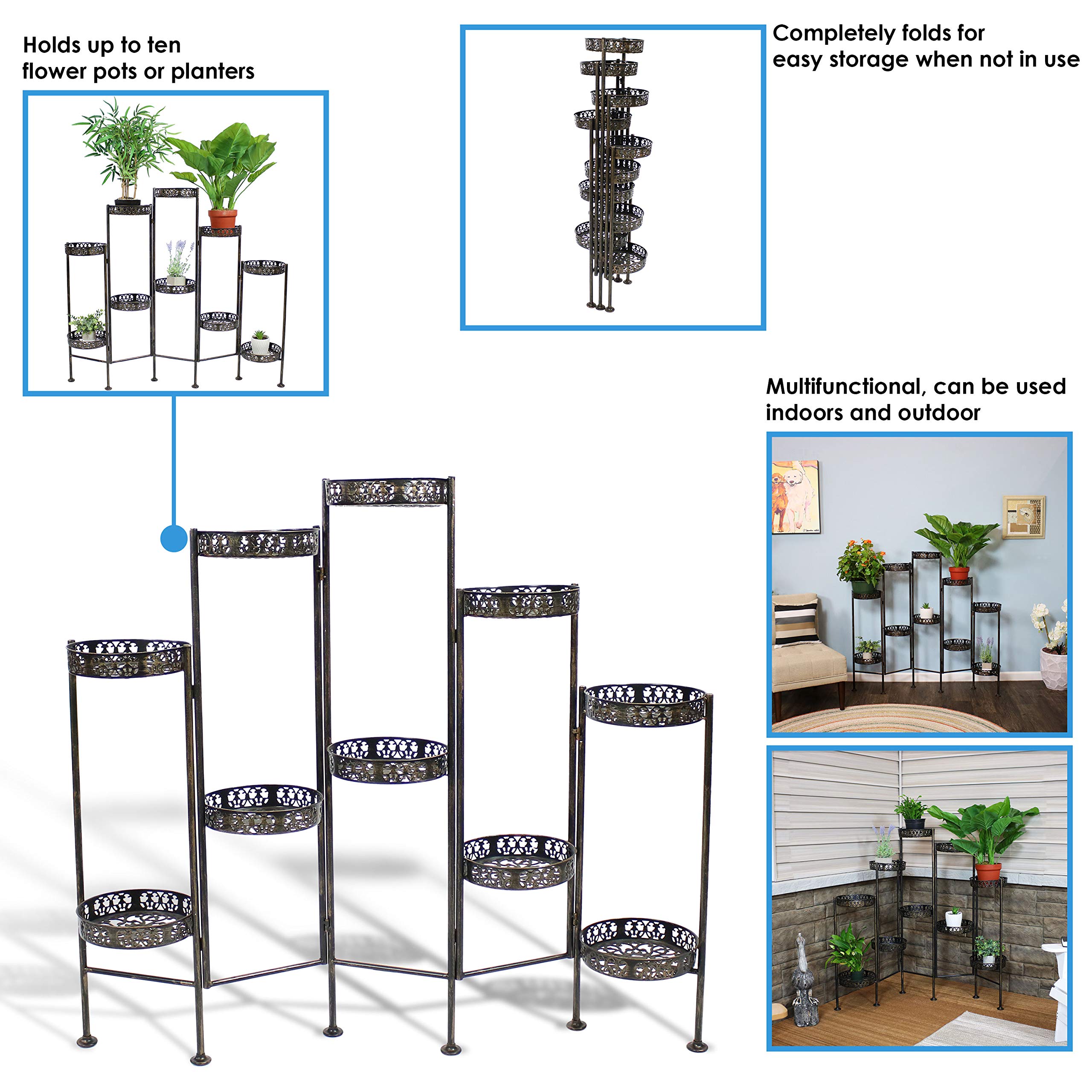 46-Inch 10-Tier Steel Indoor Outdoor Folding Plant Stand with Bronze Finish - Perfect for Balcony, Garden, Patio & Home Decor
