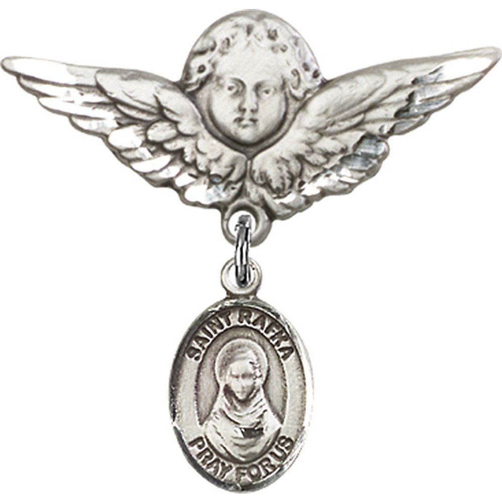 Sterling Silver Baby Badge with St. Rafta Charm & Angel Wing Pin - 1 1/8 X 1 1/8 Inch - Perfect for Christening, Baptism & Newborn Gifts