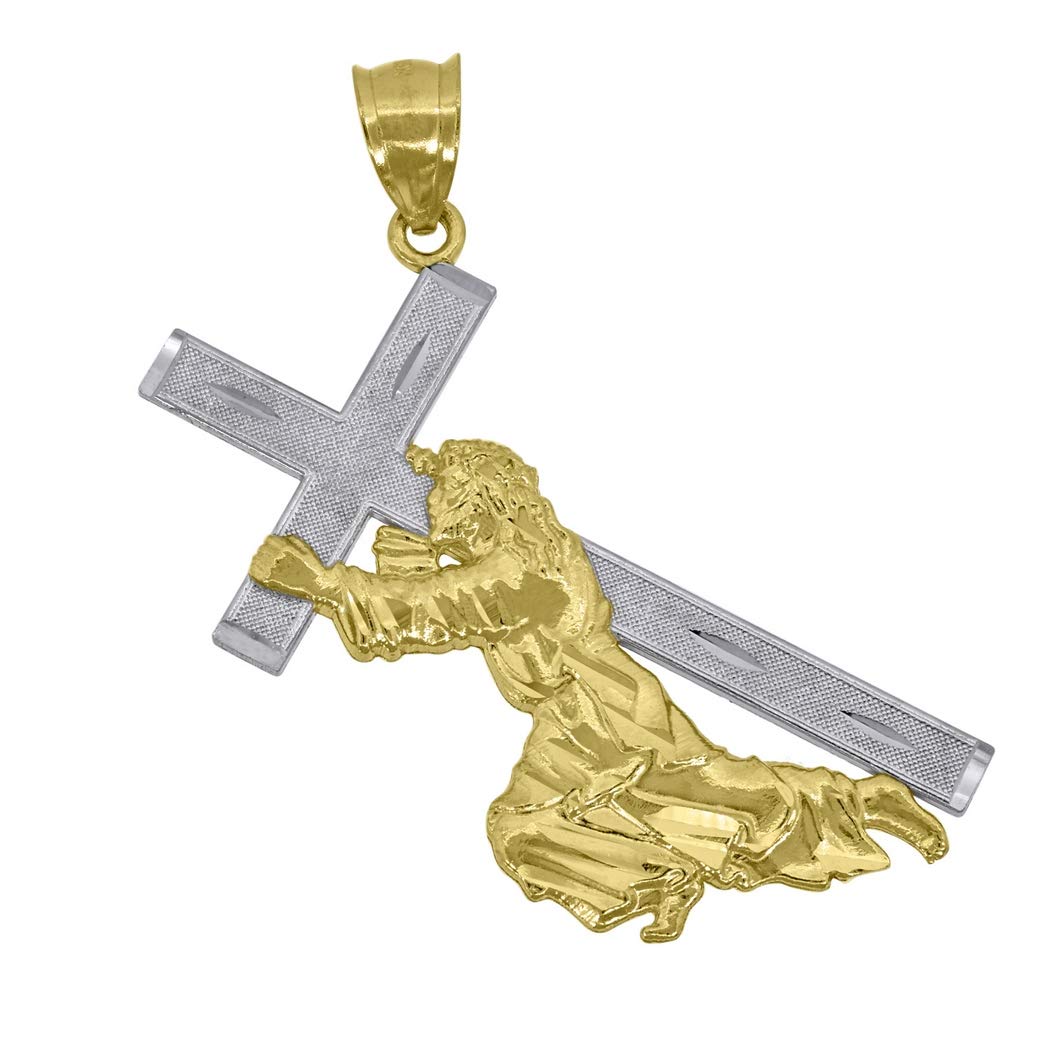 10K Gold Two-Tone Jesus Carrying Cross Pendant Necklace for Men - 30.4mm x 43.5mm Religious Jewelry Gift - Perfect for Baptism, Confirmation & Daily Faith Wear