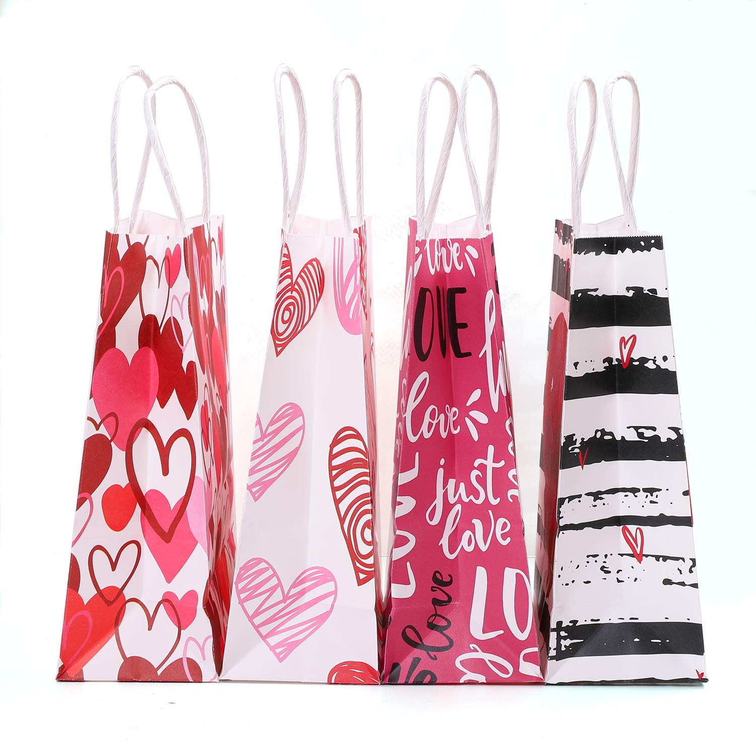 20-Piece Valentine's Day Kraft Paper Gift Bags with Handles - Red & Pink Heart Design for Party Favors, Classroom Treats & Romantic Gift Packaging