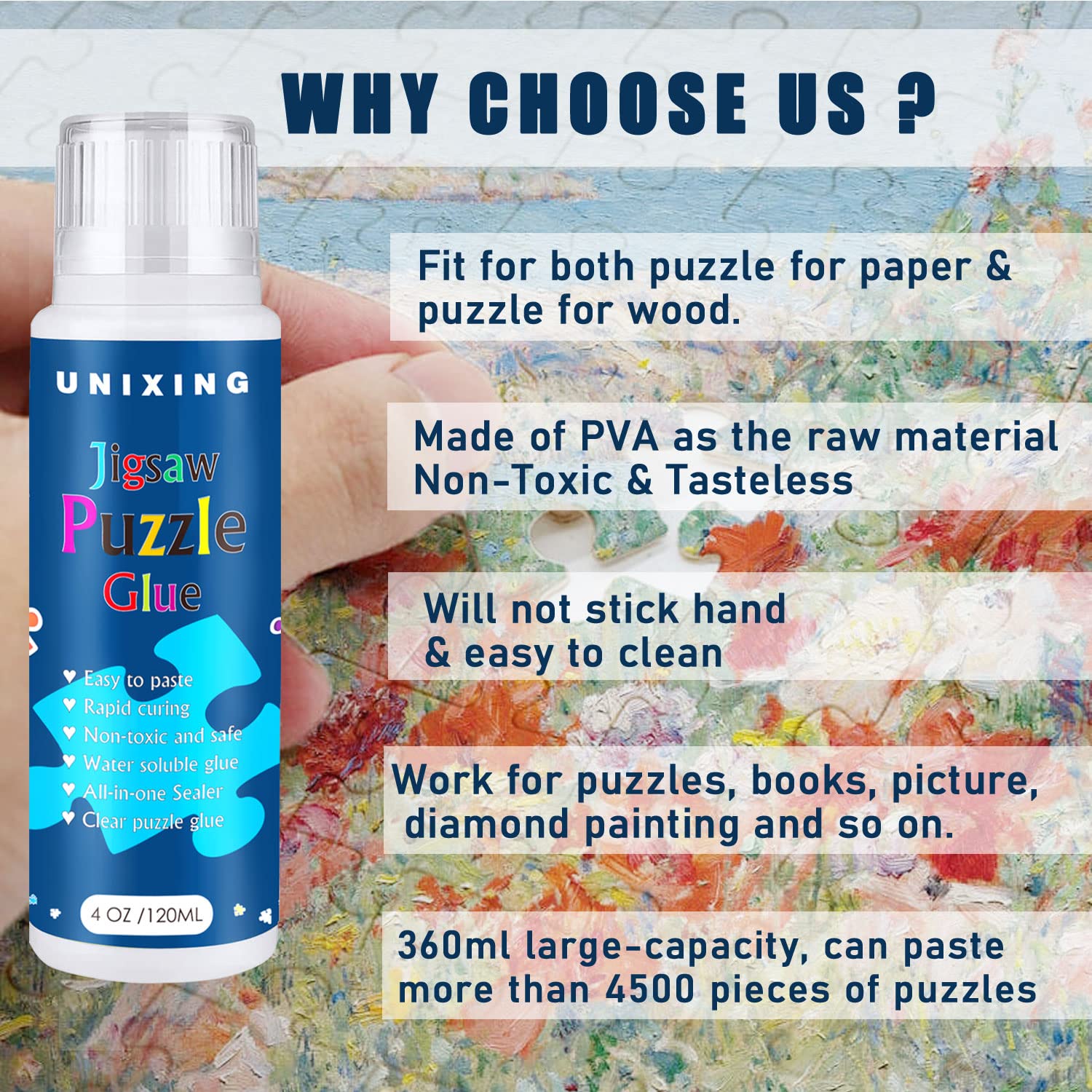 3PCS Clear Jigsaw Puzzle Glue with Sponge Head - Water Soluble Puzzle Adhesive & Protector for 3000/3500/5000 Piece Puzzles (3 Bottles X 120ML) - Perfect for Preserving and Framing Finished Puzzles as Home Decor or Gifts