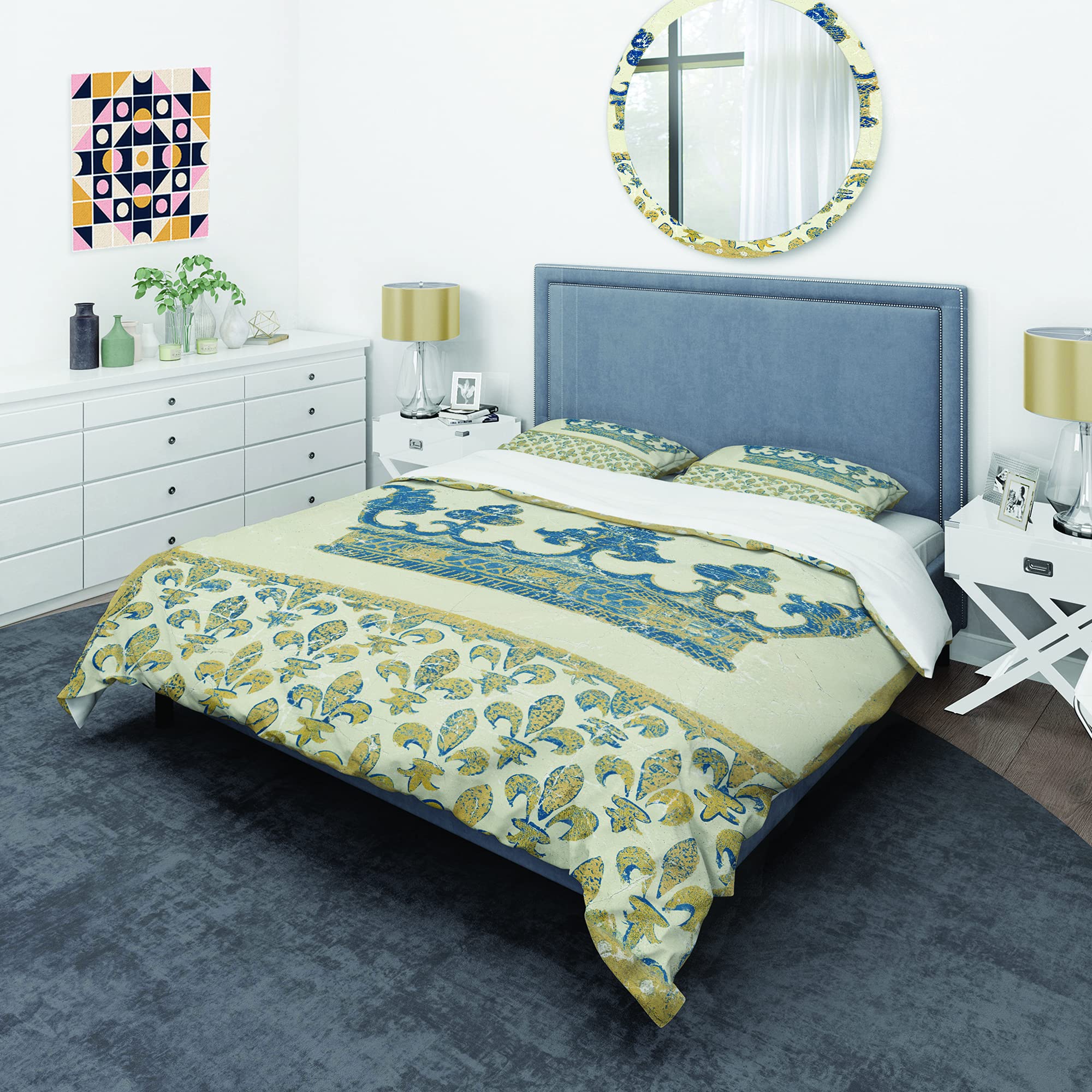 DesignQ Fleur de Lis Gold Crown Traditional King Size Duvet Cover Set - 3 Piece Blue Cottage Bedding for All Seasons | Perfect for Master Bedroom, Guest Room & Farmhouse Decor