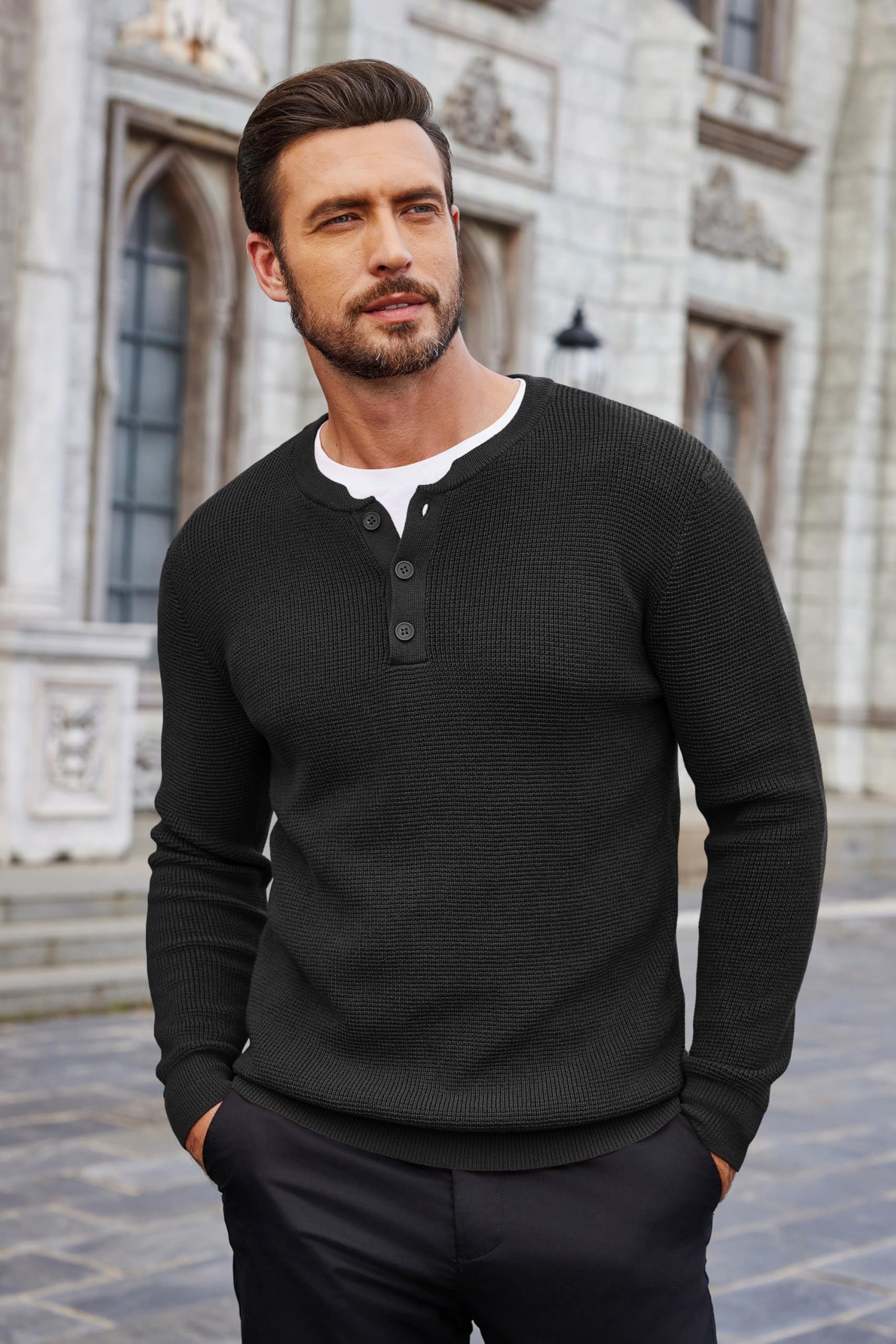 COOFANDY Men's Waffle Henley Shirt - Lightweight Knit Pullover Sweater with Long Sleeves, Crewneck Casual T-Shirt for Everyday Wear, Date Night & Outdoor Activities