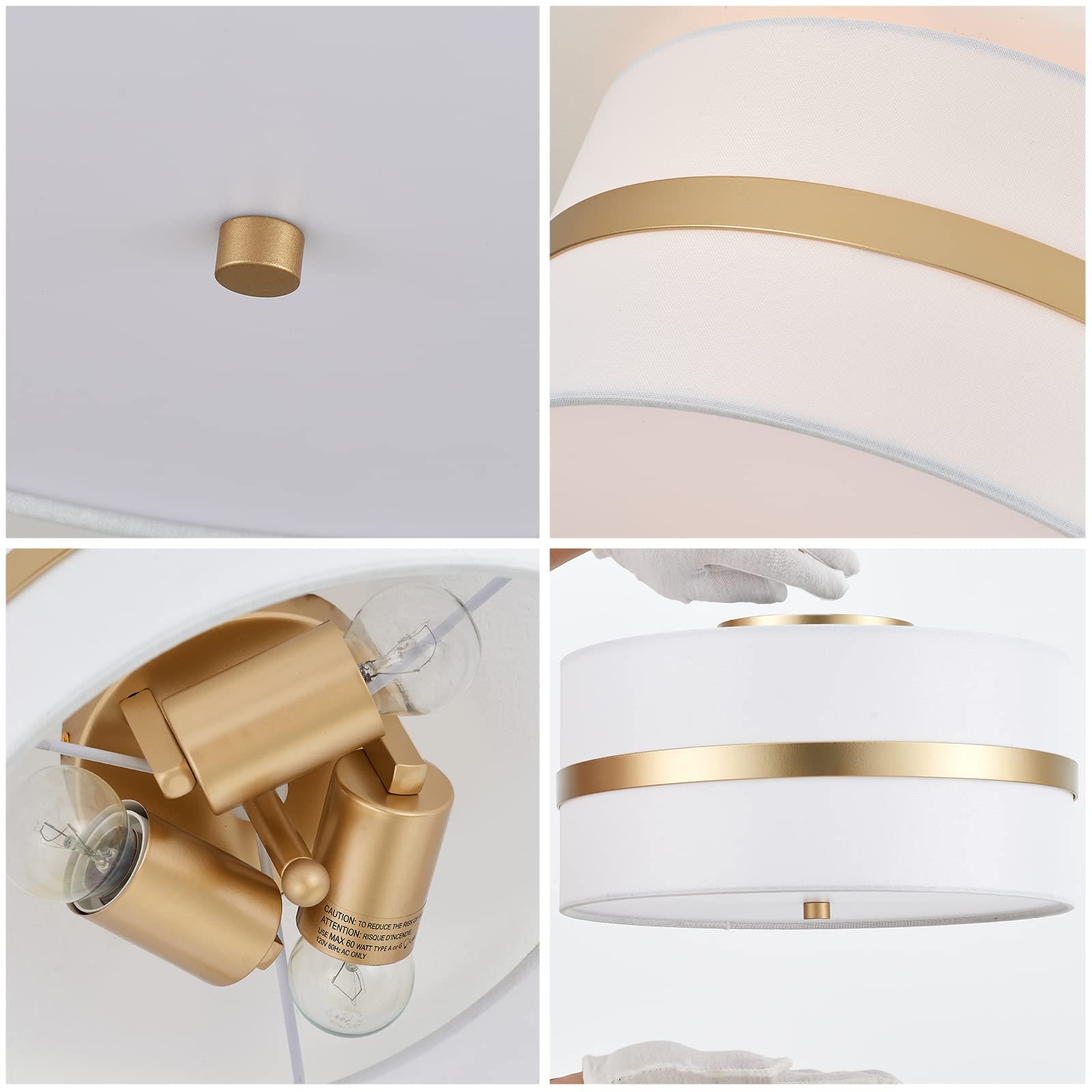 Modern Semi Flush Mount Ceiling Light Fixture - 3-Light Thin Pale Gold Brushed Finish with Cream White Fabric Drum Shade | Perfect for Nursery, Kids Room, Bedroom, Kitchen, Hallway & Entryway Lighting