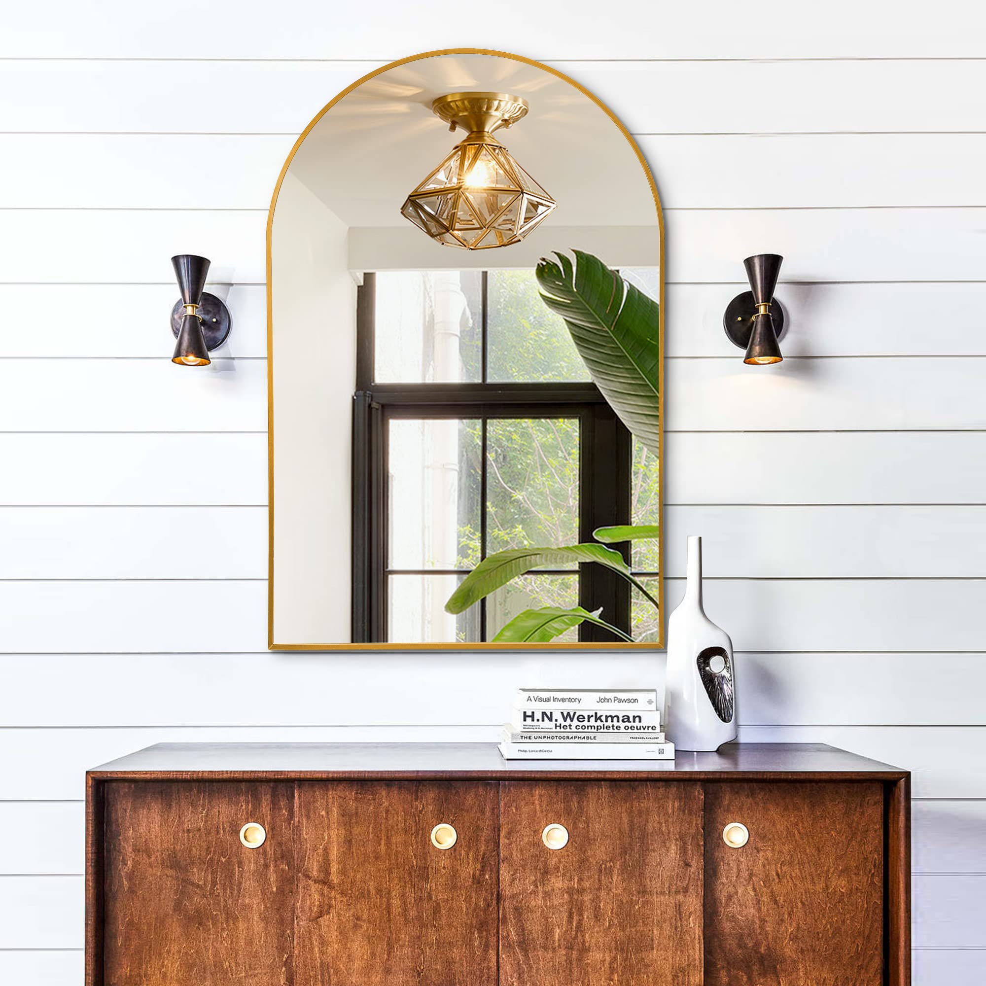 PexFix 36x24 Inch Arched Wall Mirror - Large Gold Aluminum Alloy Thin Frame Full Length Mirror for Bedroom, Bathroom & Entryway - Perfect for Vanity, Dressing Room and Home Decor