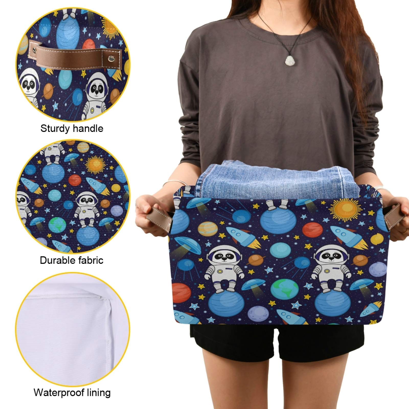 AUUXVA Collapsible Canvas Storage Basket with Panda Astronaut & Space Design - Durable Toy Organizer Bin with Handles for Bedroom, Closet, Office & Kids Room | Space-Themed Storage Solution for Toys, Books & Home Organization