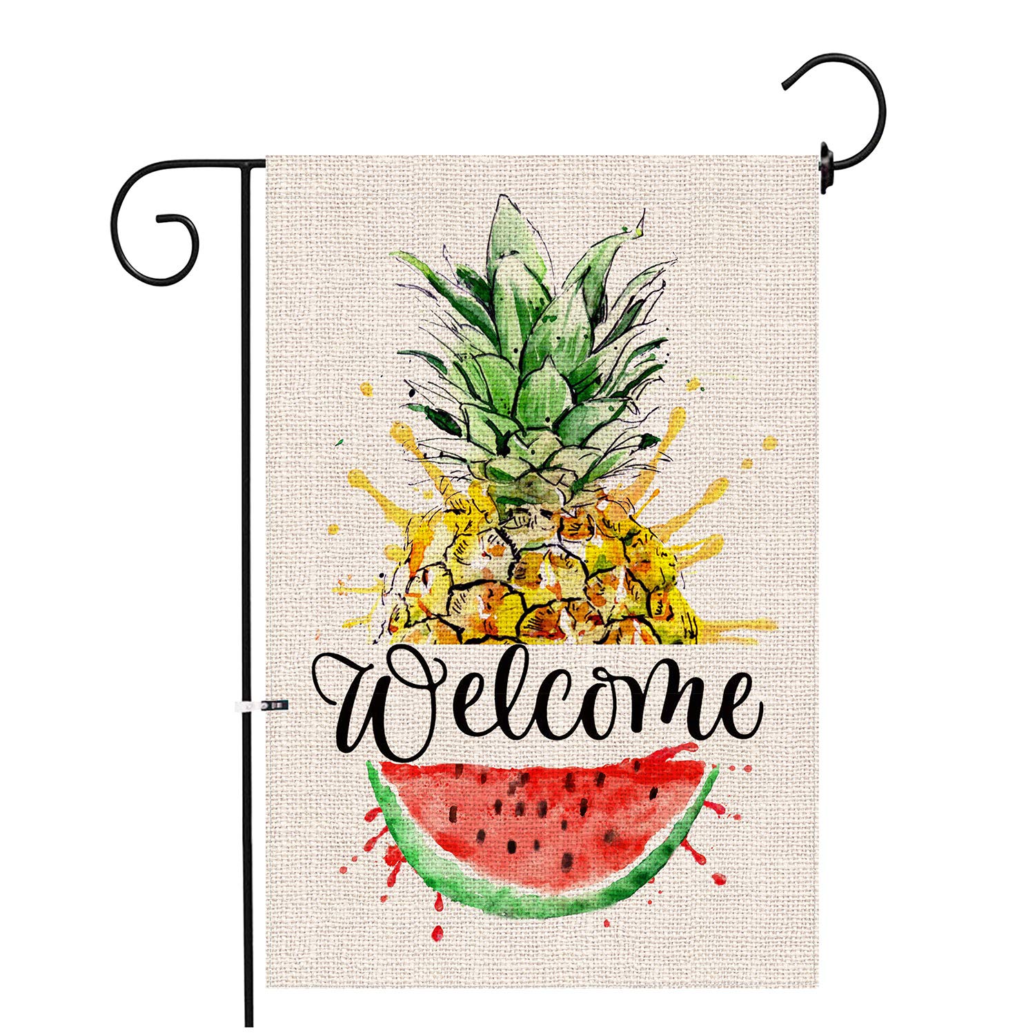 Hexagram Pineapple Welcome Summer Double-Sided Burlap Garden Flag 12x18 - Decorative Pineapple & Watermelon Outdoor Yard Decor for Patio, Lawn, Porch