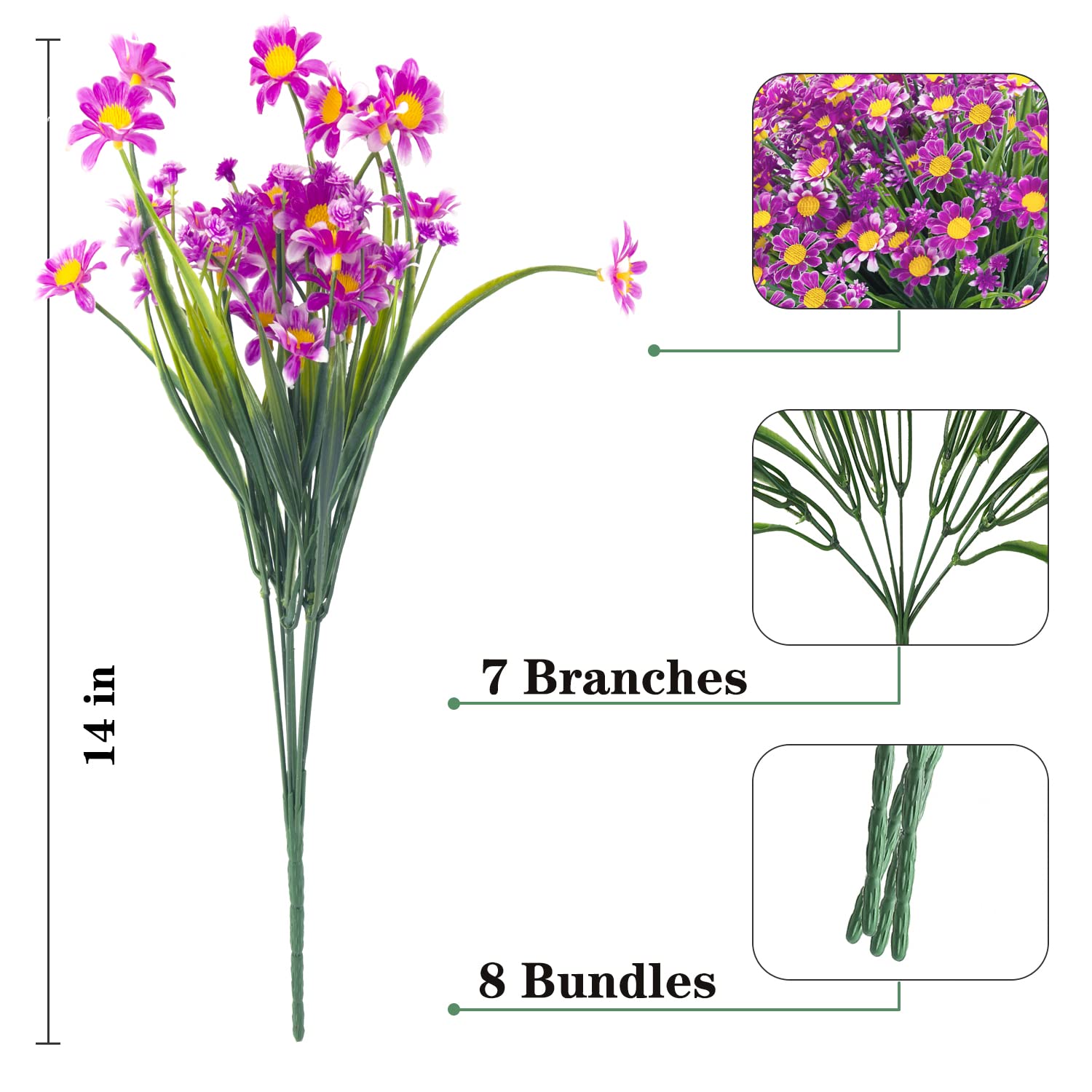 UV Resistant Artificial Daisies Flowers - 20 Bundles Fake Plastic Flowers for Outdoor & Indoor Decor - Fuchsia Faux Plants for Garden, Patio, Wedding & Home Decoration