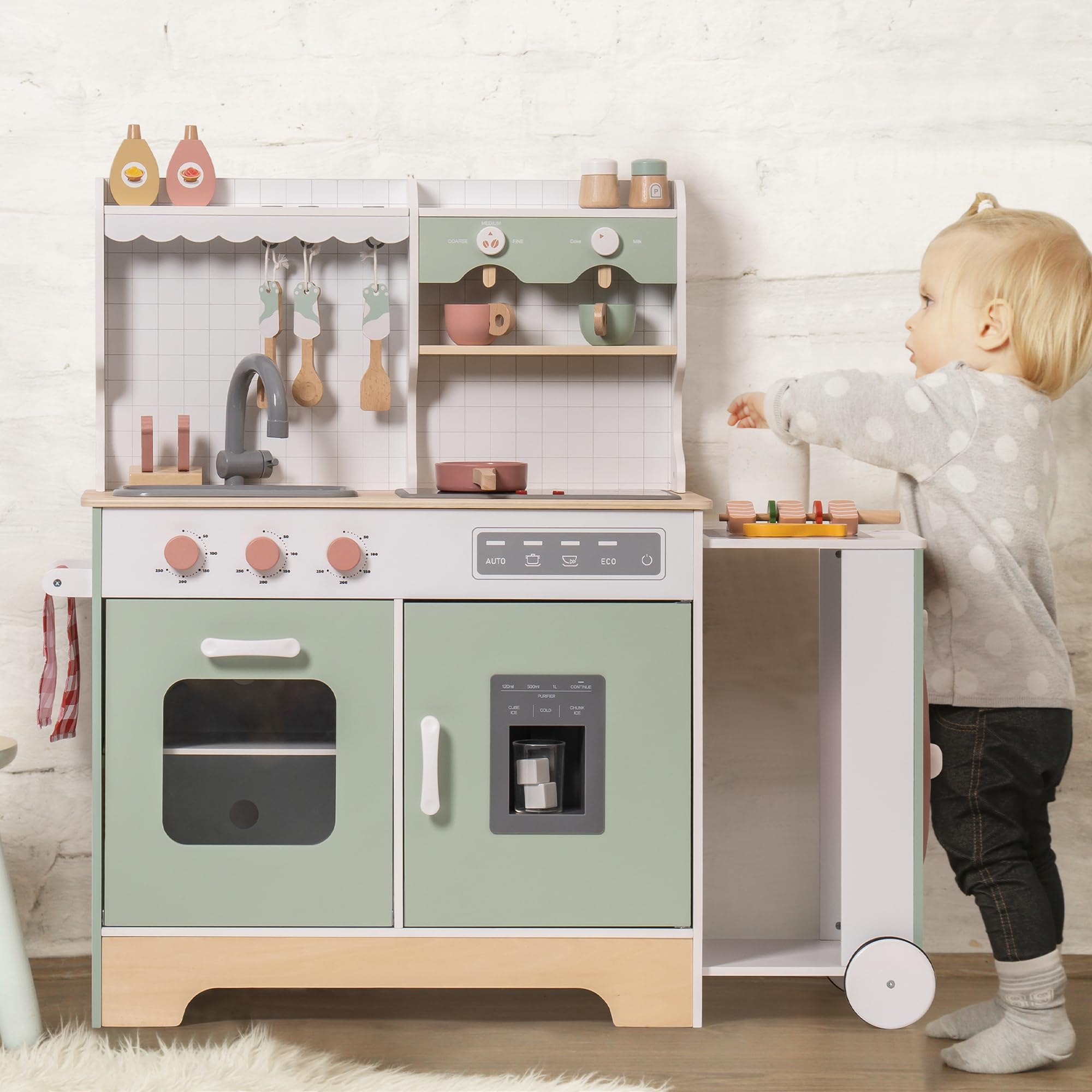 ROBOTIME Wooden Play Kitchen Set for Kids & Toddlers - Pretend Play Kitchen with Ice Maker, BBQ, Lights & Sounds - Educational Toy for Ages 3+ - Perfect Gift for Boys & Girls - Birthday, Christmas & Indoor Playtime Fun