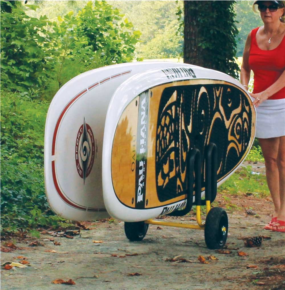 Suspenz Stand Up Paddle Board Cart & Stand - Double SUP/Surfboard Carrier & Trolley Convertible to Storage Rack for 2 Boards - Yellow (22-9935) - Perfect for Beach, Lake & Water Sports Transport