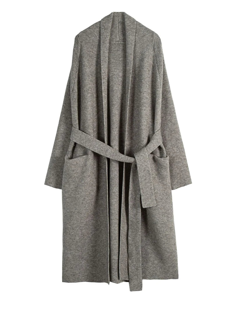 Women's Plus Size Long Knit Cardigan Sweater - Black Belted V-Neck Long Sleeve Open Front Wrap Coat | 2025 Spring Autumn Fashion | Casual Office Wear, Layering Piece, Travel Outfit