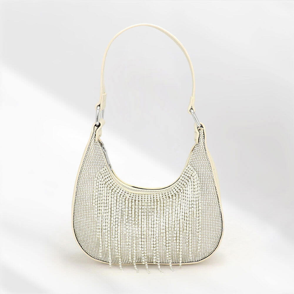 Sparkling White Rhinestone Fringe Evening Bag for Women - Elegant Shoulder & Crossbody Purse for Party, Wedding, Prom Night and Special Occasions