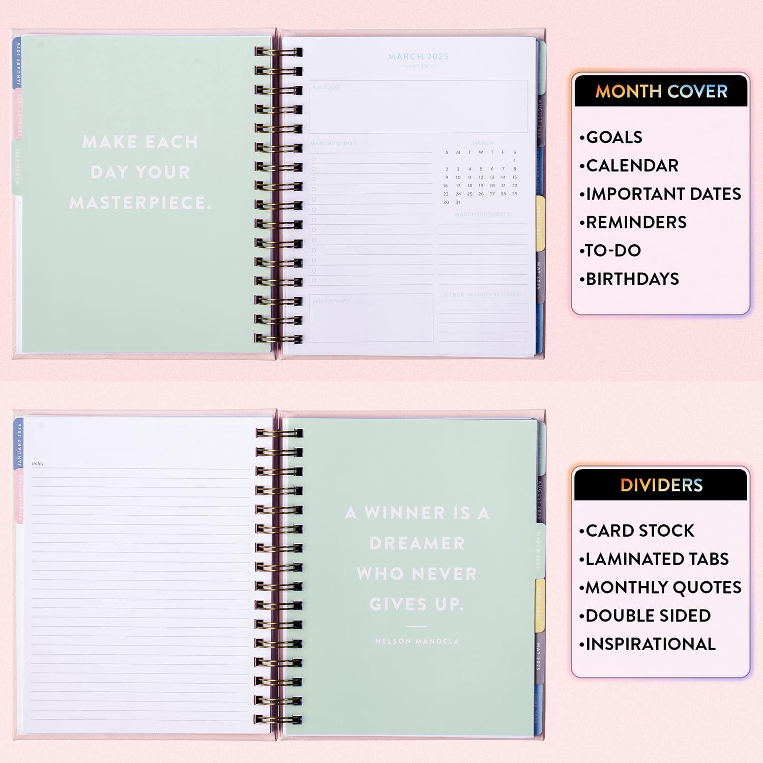 Eccolo 2025 Spiral Planner - Weekly & Monthly Agenda with Inspirational Quotes, Sticker Sheets, Hardcover (7.75