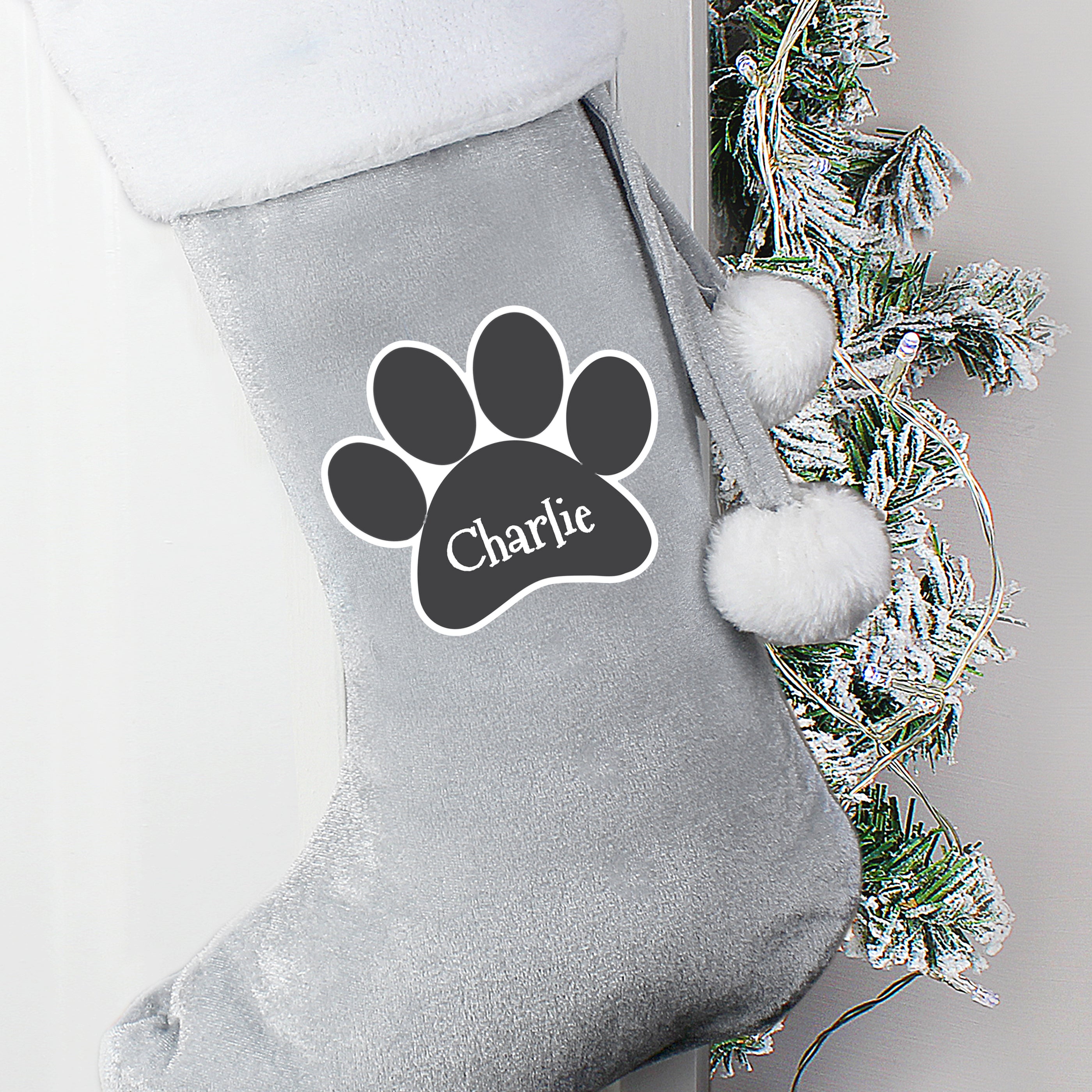 Personalized Silver Grey Pet Stocking with Paw Print - Custom Christmas Stocking for Dogs & Cats - Perfect for Holiday Pet Gifts & Home Decor