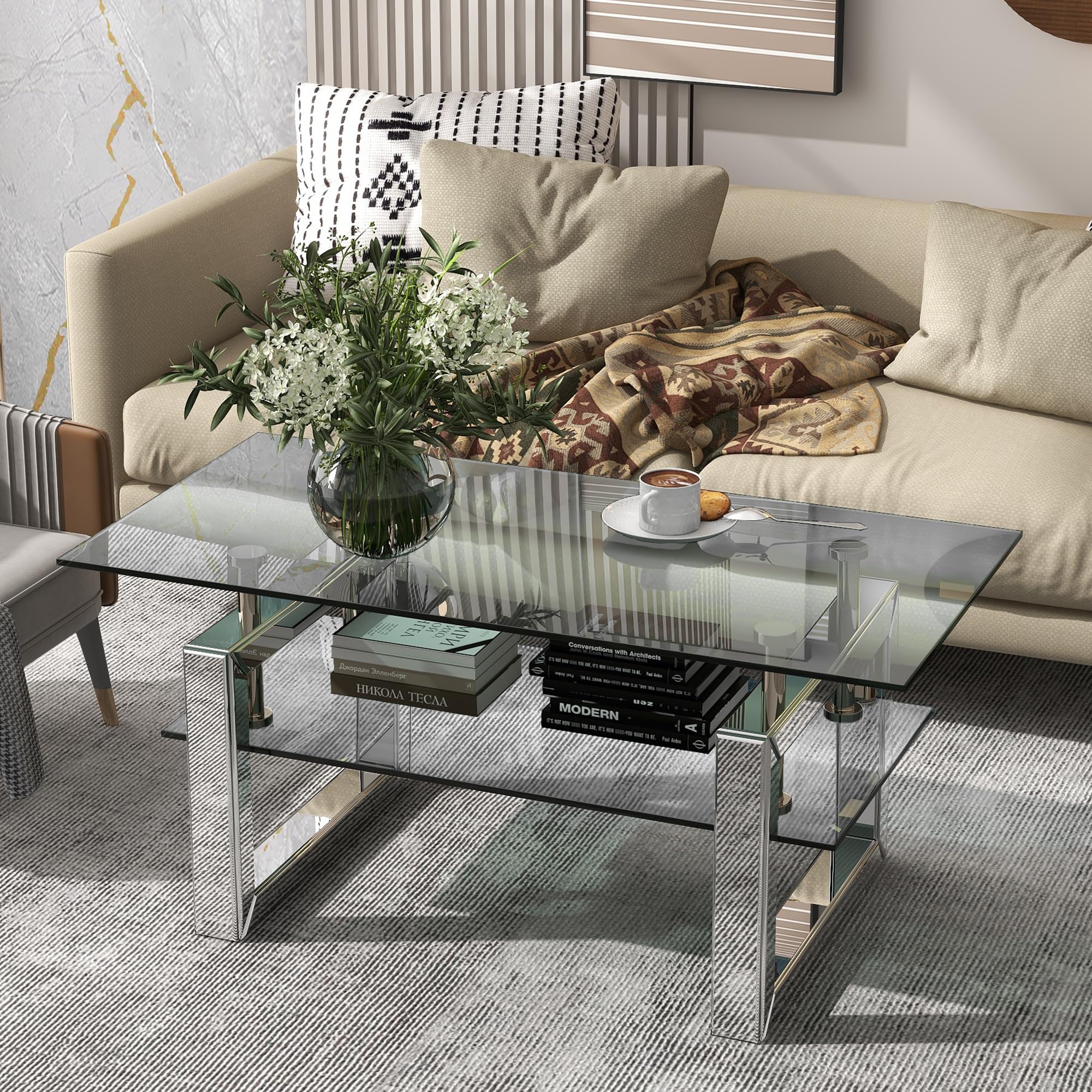 Modern Rectangular Mirrored Glass Coffee Table with Tempered Glass Top & Sturdy Steel Frame - Stylish Living Room Furniture for Home Decor, Entertaining Guests & Small Space Solutions