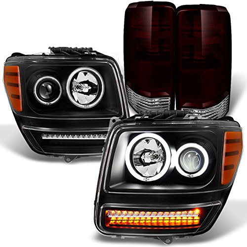 AKKON CCFL Halo Black Projector LED Headlights & Dark Red Tail Lights Combo for 2007-2012 Dodge Nitro - High Performance Lighting for Night Driving & Custom Car Styling